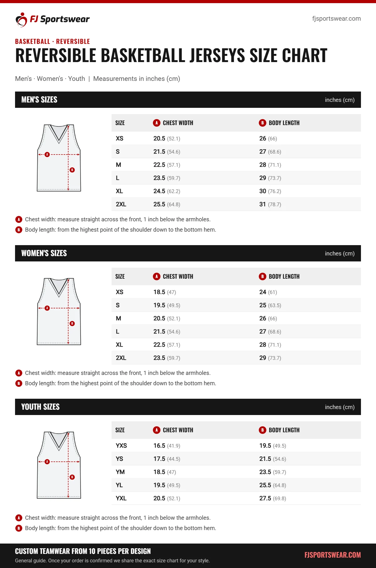 Reversible Basketball Jerseys size chart: men’s, women’s and youth sizes with chest width and body length in inches and cm