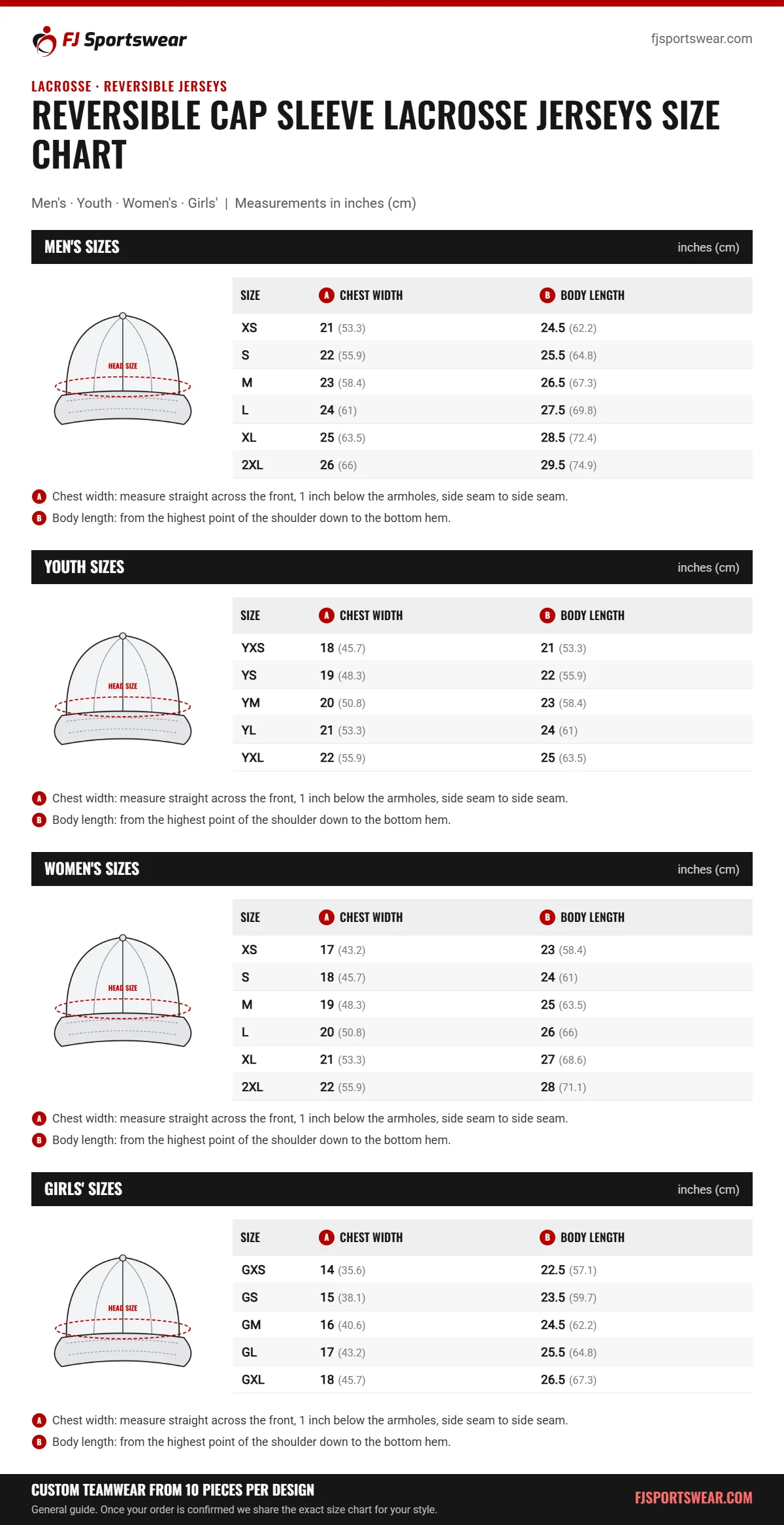 Reversible Cap Sleeve Lacrosse Jerseys size chart: men’s, youth, women’s and girls’ sizes with chest width and body length in inches and cm