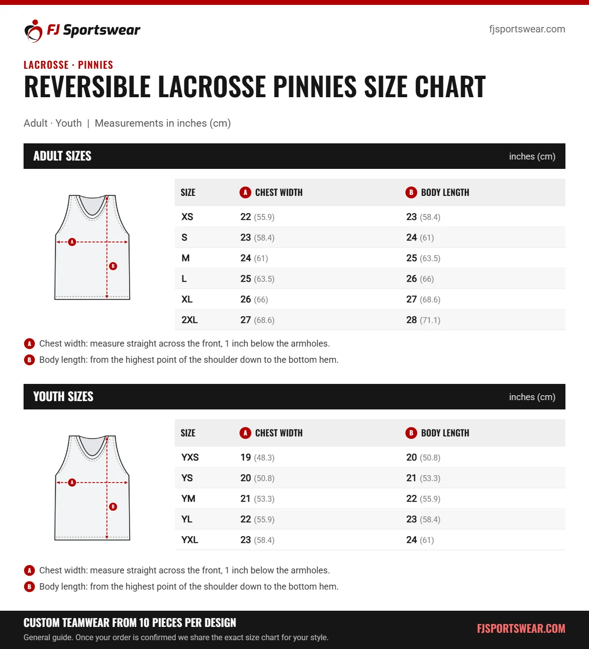 Reversible Lacrosse Pinnies size chart: adult and youth sizes with chest width and body length in inches and cm