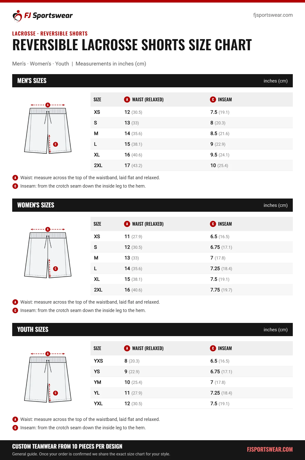 Reversible Lacrosse Shorts Size Chart Reversible Lacrosse Shorts size chart: men’s, women’s and youth sizes with waist (relaxed) and inseam in inches and cm