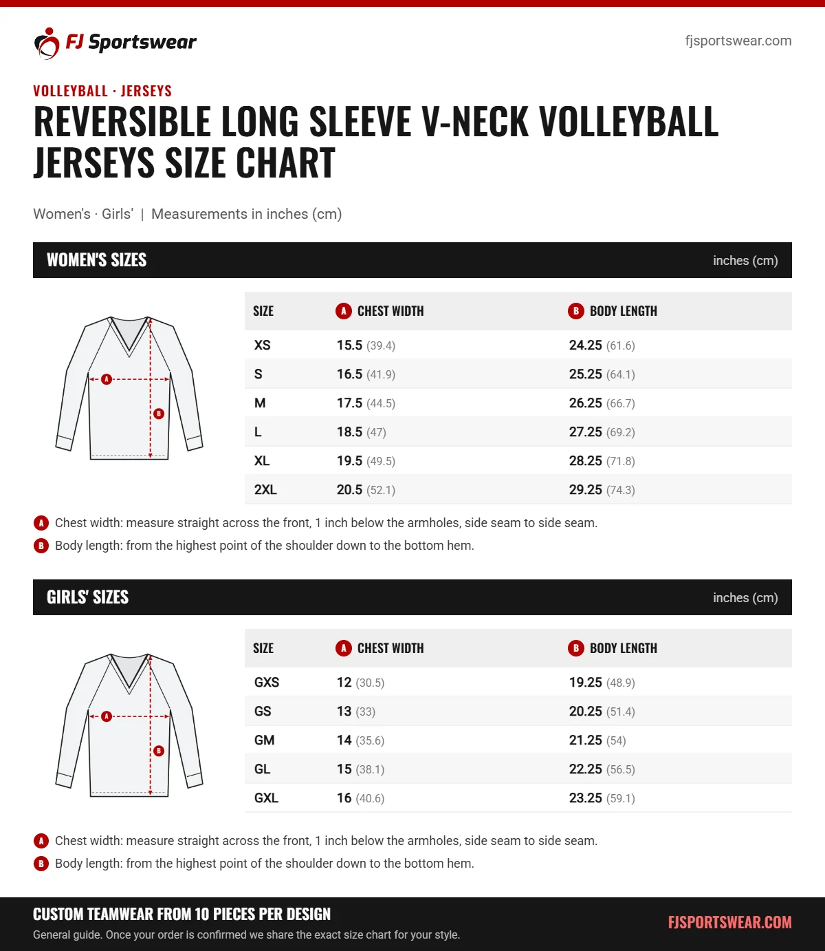 Reversible Long Sleeve V-Neck Volleyball Jerseys Size Chart Reversible Long Sleeve V-Neck Volleyball Jerseys size chart: women’s and girls’ sizes with chest width and body length in inches and cm