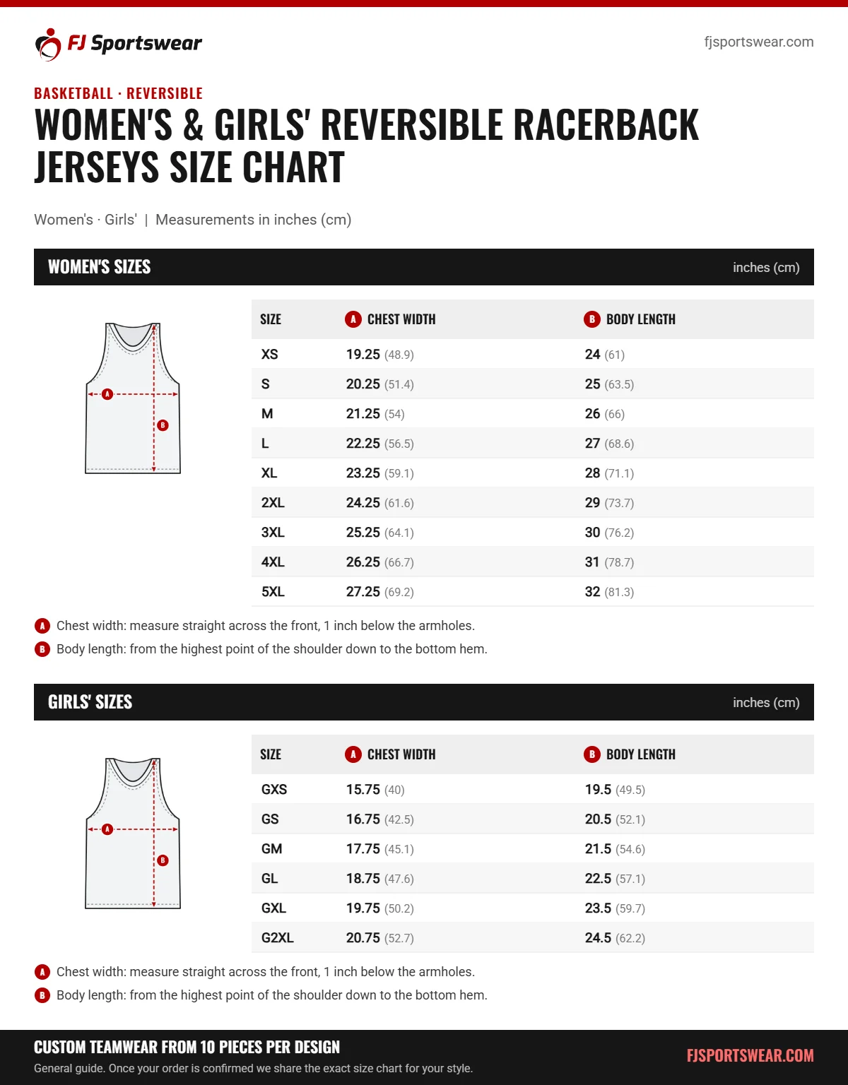 Women’s & Girls’ Reversible Racerback Jerseys Size Chart Women’s & Girls’ Reversible Racerback Jerseys size chart: women’s and girls’ sizes with chest width and body length in inches and cm