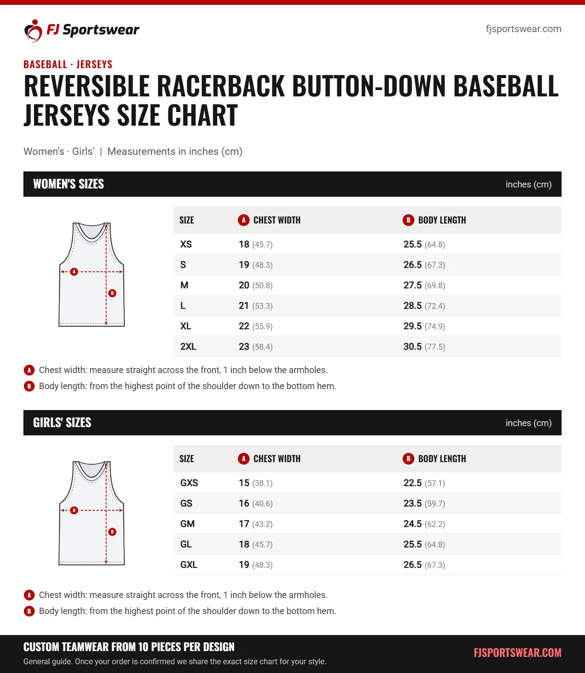 Reversible Racerback Button-Down Baseball Jerseys size chart: women’s and girls’ sizes with chest width and body length in inches and cm