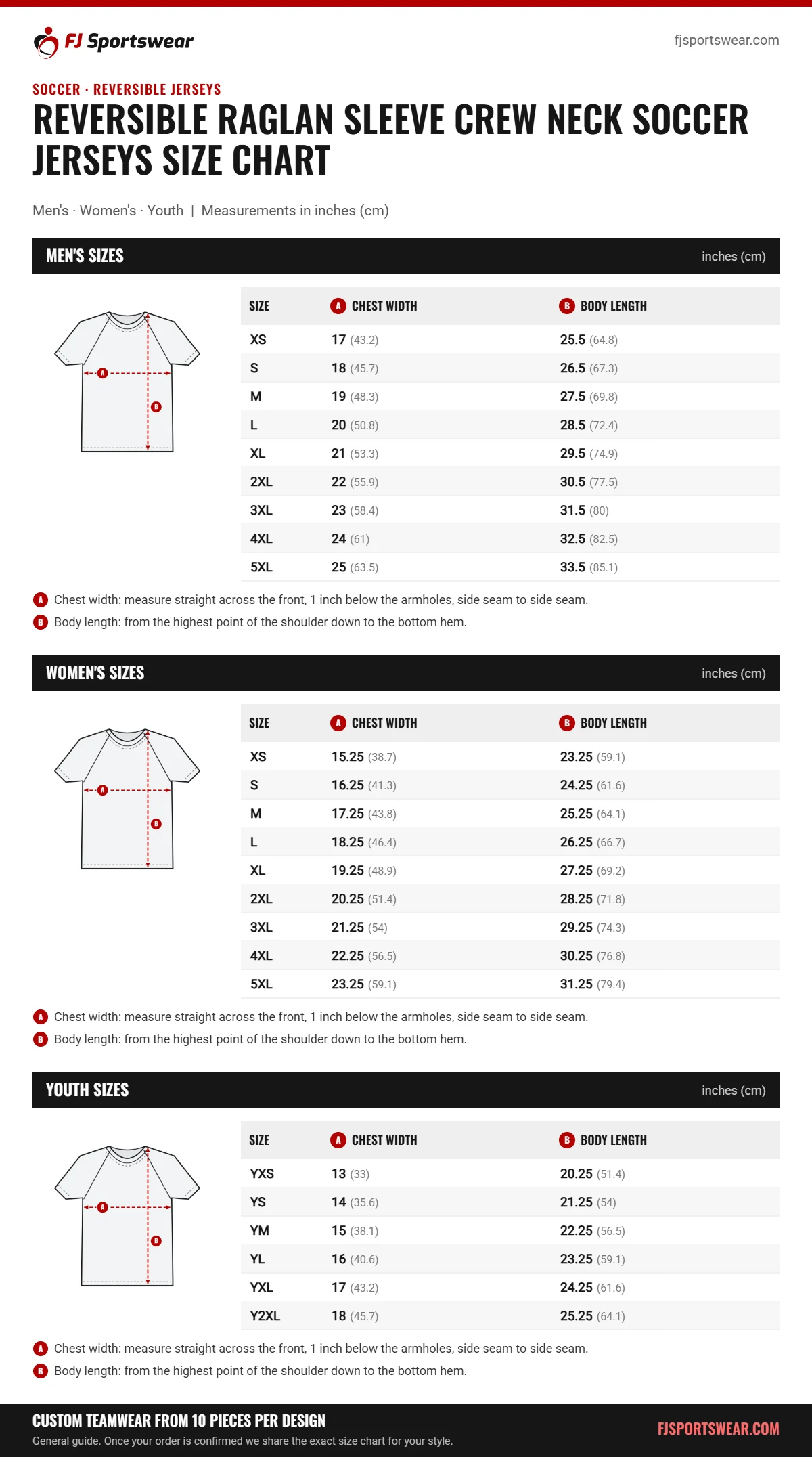 Reversible Raglan Sleeve Crew Neck Soccer Jerseys size chart: men’s, women’s and youth sizes with chest width and body length in inches and cm