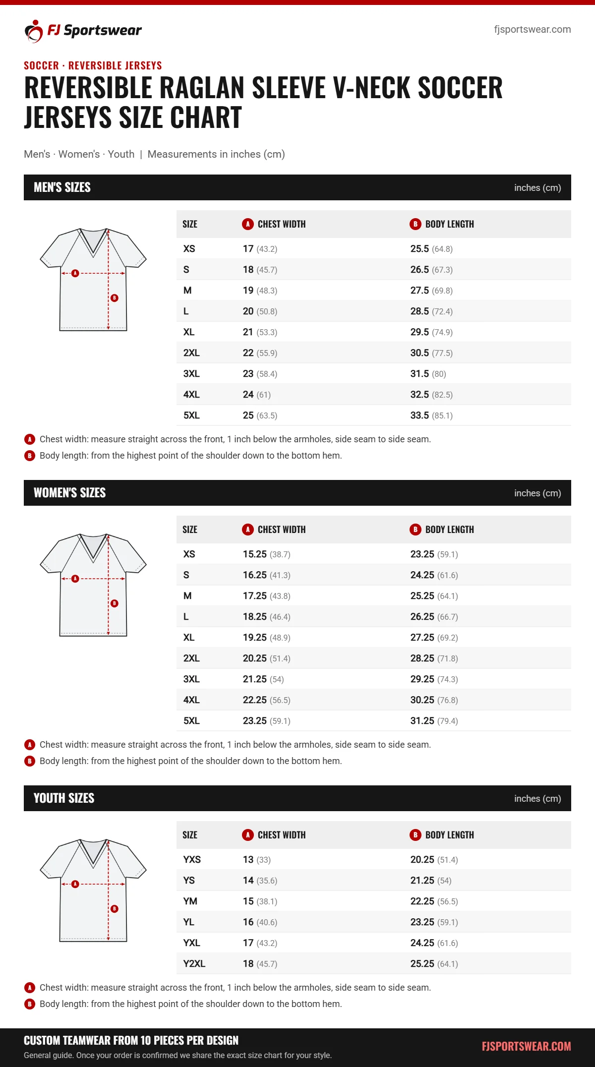 Reversible Raglan Sleeve V-Neck Soccer Jerseys size chart: men’s, women’s and youth sizes with chest width and body length in inches and cm
