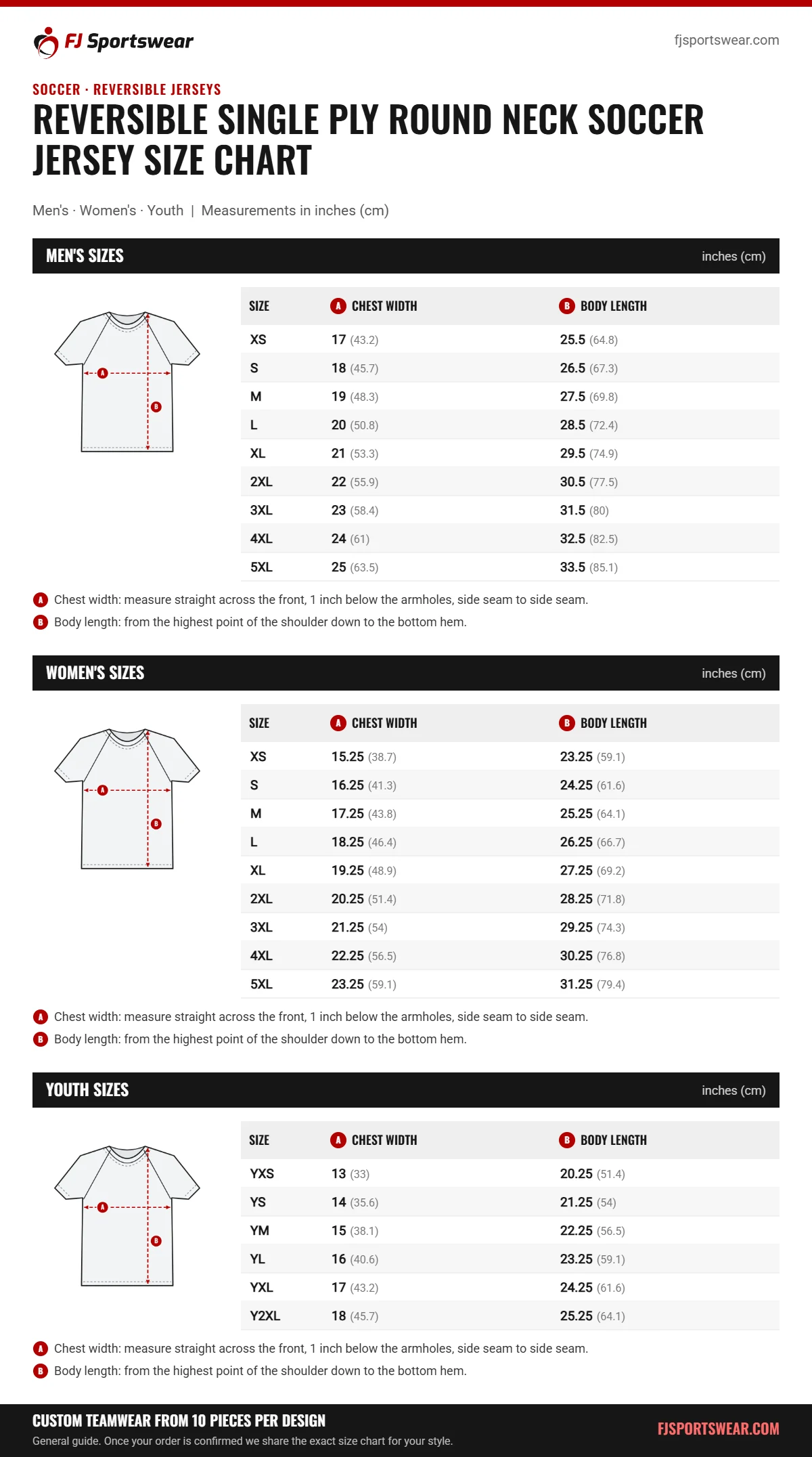 Reversible Single Ply Round Neck Soccer Jersey size chart: men’s, women’s and youth sizes with chest width and body length in inches and cm