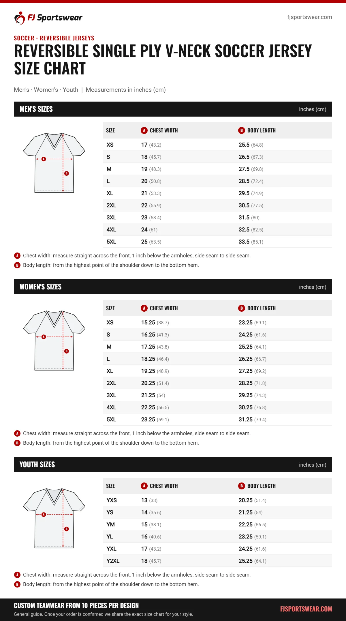 Reversible Single Ply V-Neck Soccer Jersey size chart: men’s, women’s and youth sizes with chest width and body length in inches and cm