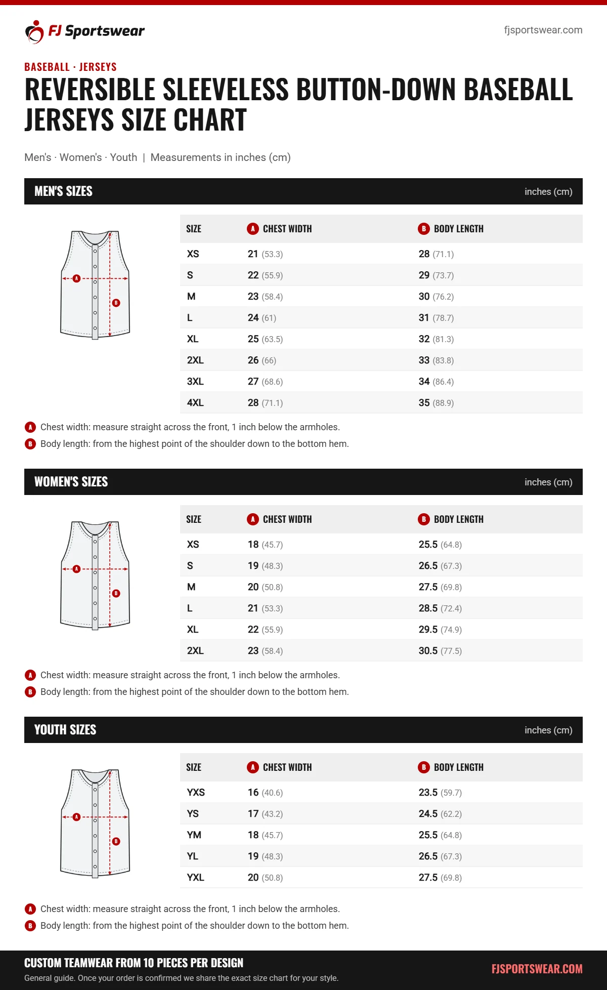 Reversible Sleeveless Button-Down Baseball Jerseys size chart: men’s, women’s and youth sizes with chest width and body length in inches and cm