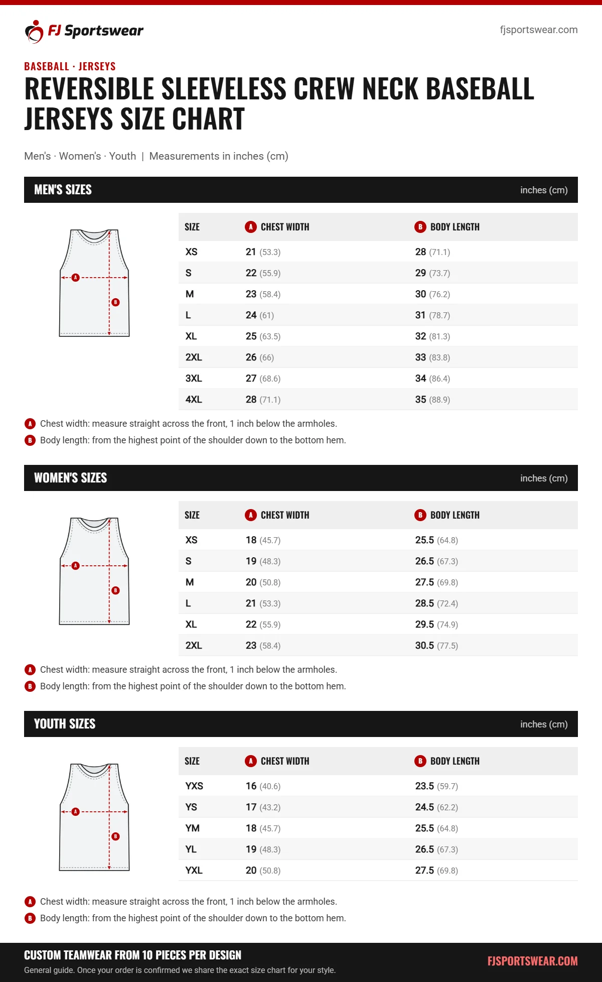Reversible Sleeveless Crew Neck Baseball Jerseys size chart: men’s, women’s and youth sizes with chest width and body length in inches and cm