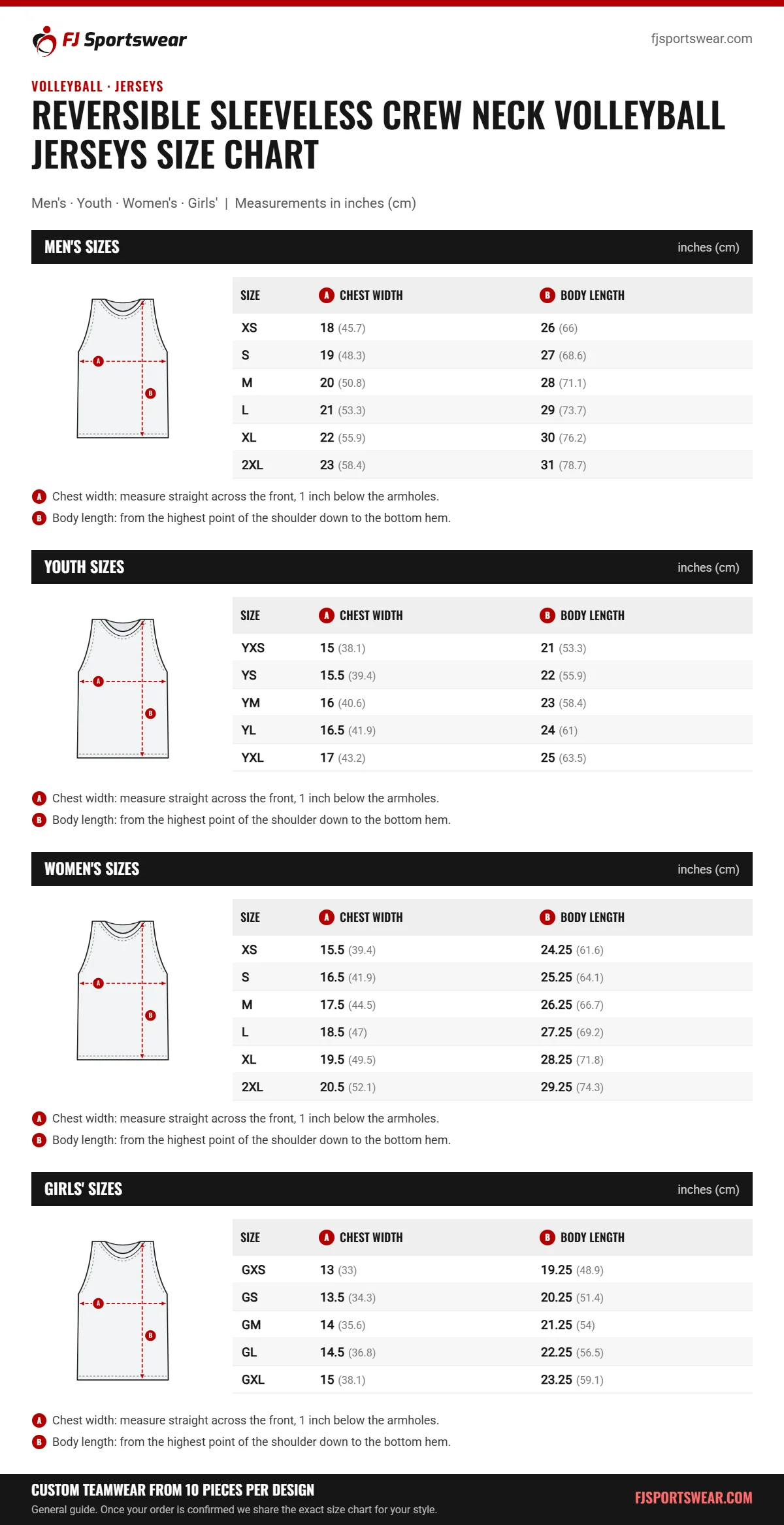 Reversible Sleeveless Crew Neck Volleyball Jerseys Size Chart Reversible Sleeveless Crew Neck Volleyball Jerseys size chart: men’s, youth, women’s and girls’ sizes with chest width and body length in inches and cm