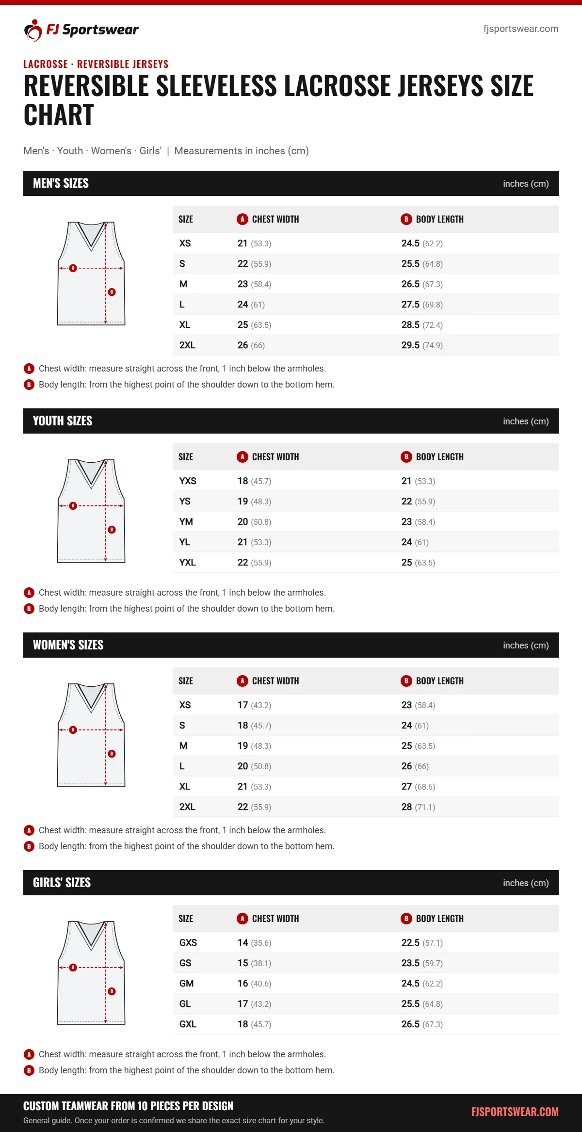 Reversible Sleeveless Lacrosse Jerseys size chart: men’s, youth, women’s and girls’ sizes with chest width and body length in inches and cm