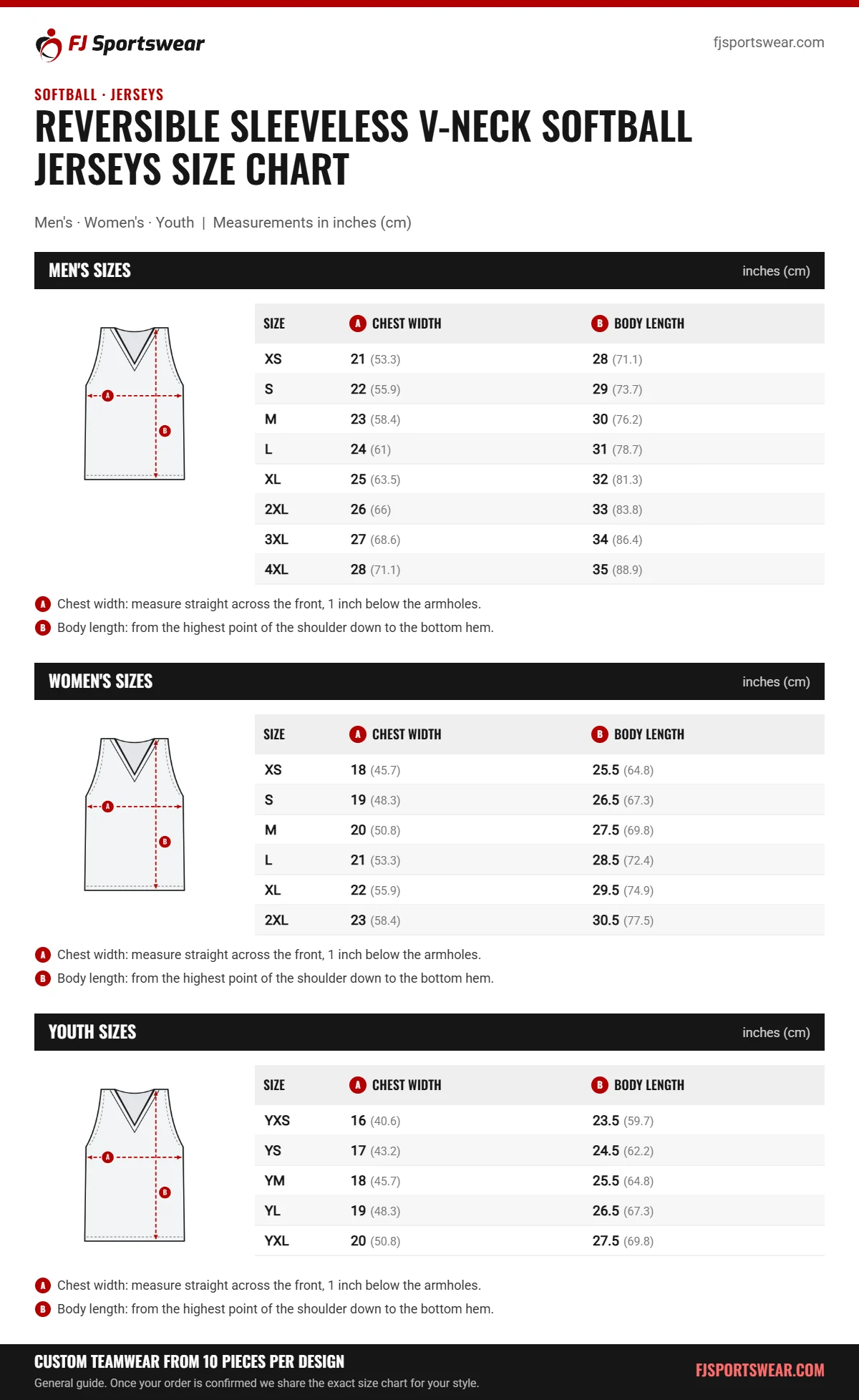 Reversible Sleeveless V-Neck Softball Jerseys Size Chart Reversible Sleeveless V-Neck Softball Jerseys size chart: men’s, women’s and youth sizes with chest width and body length in inches and cm