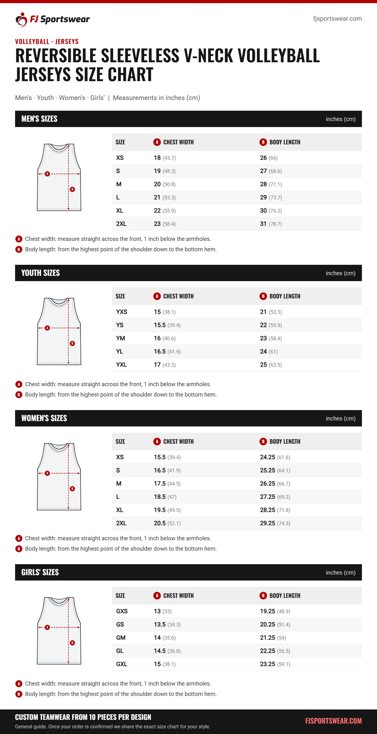 Reversible Sleeveless V-Neck Volleyball Jerseys Size Chart Reversible Sleeveless V-Neck Volleyball Jerseys size chart: men’s, youth, women’s and girls’ sizes with chest width and body length in inches and cm
