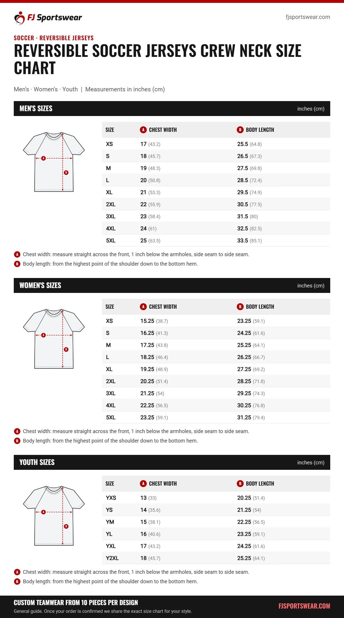 Reversible Soccer Jerseys Crew Neck size chart: men’s, women’s and youth sizes with chest width and body length in inches and cm