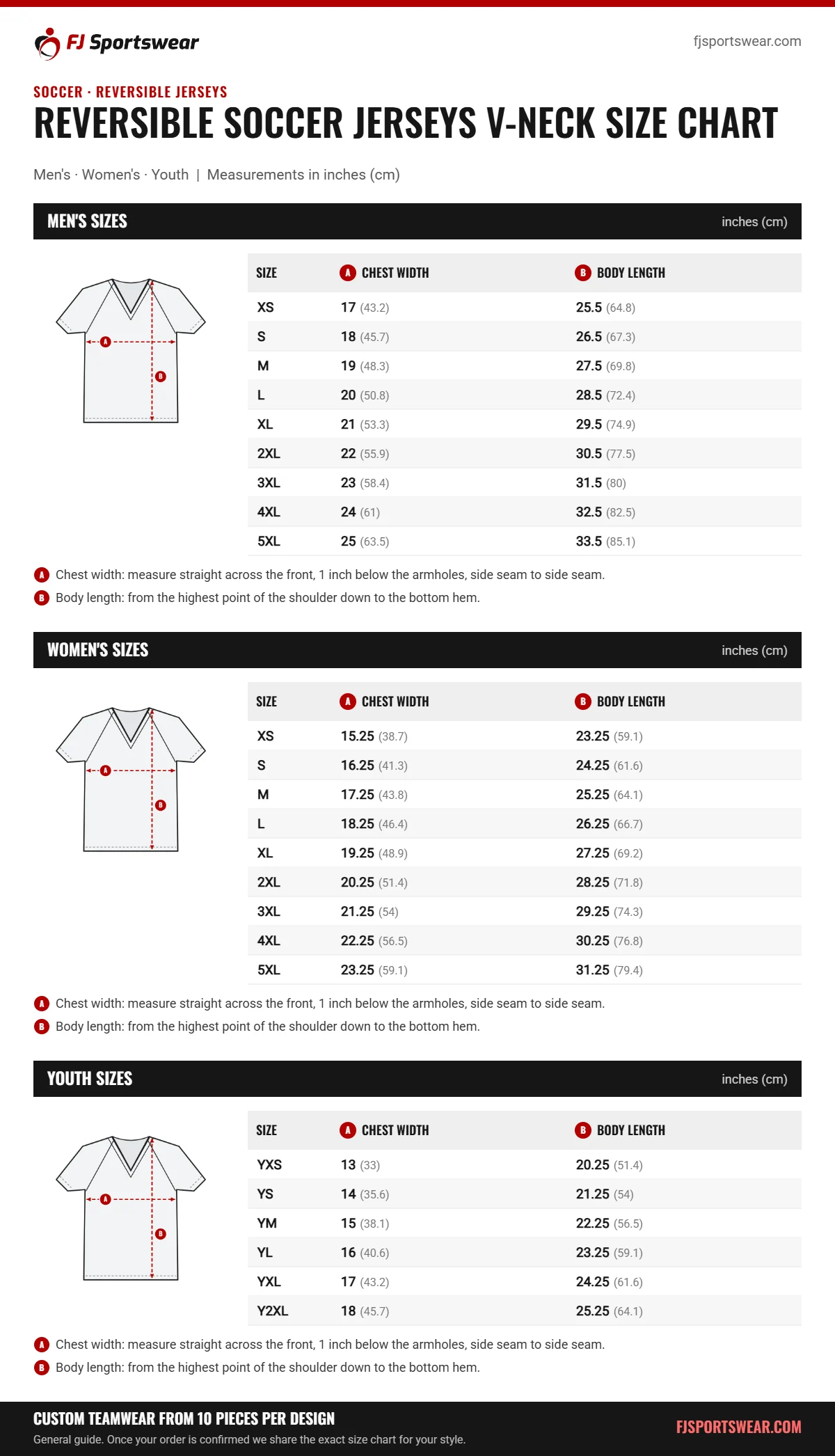 Reversible Soccer Jerseys V-Neck size chart: men’s, women’s and youth sizes with chest width and body length in inches and cm
