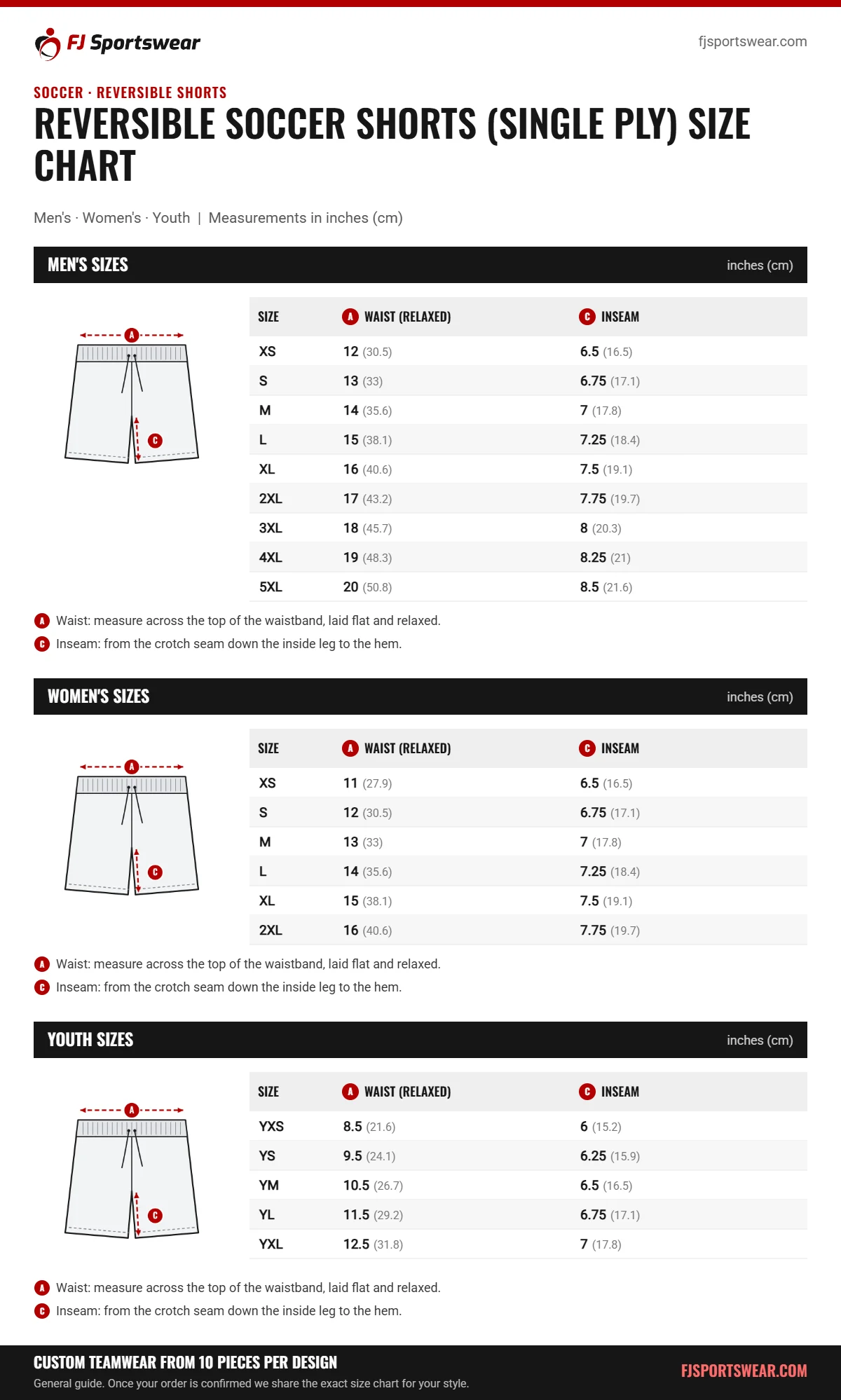 Reversible Soccer Shorts (Single Ply) size chart: men’s, women’s and youth sizes with waist (relaxed) and inseam in inches and cm