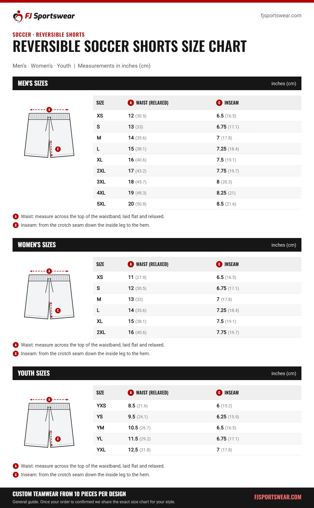 Reversible Soccer Shorts size chart: men’s, women’s and youth sizes with waist (relaxed) and inseam in inches and cm
