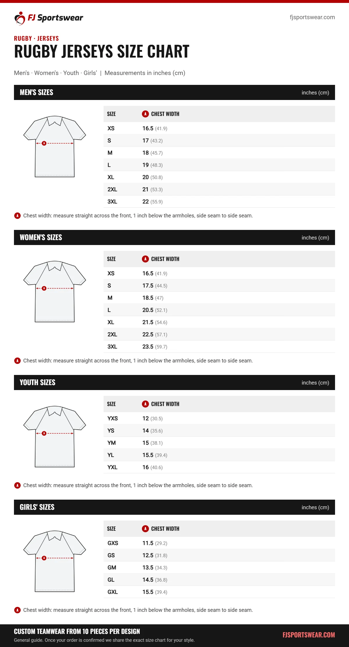 Rugby Jerseys size chart: men’s, women’s, youth and girls’ sizes with chest width in inches and cm