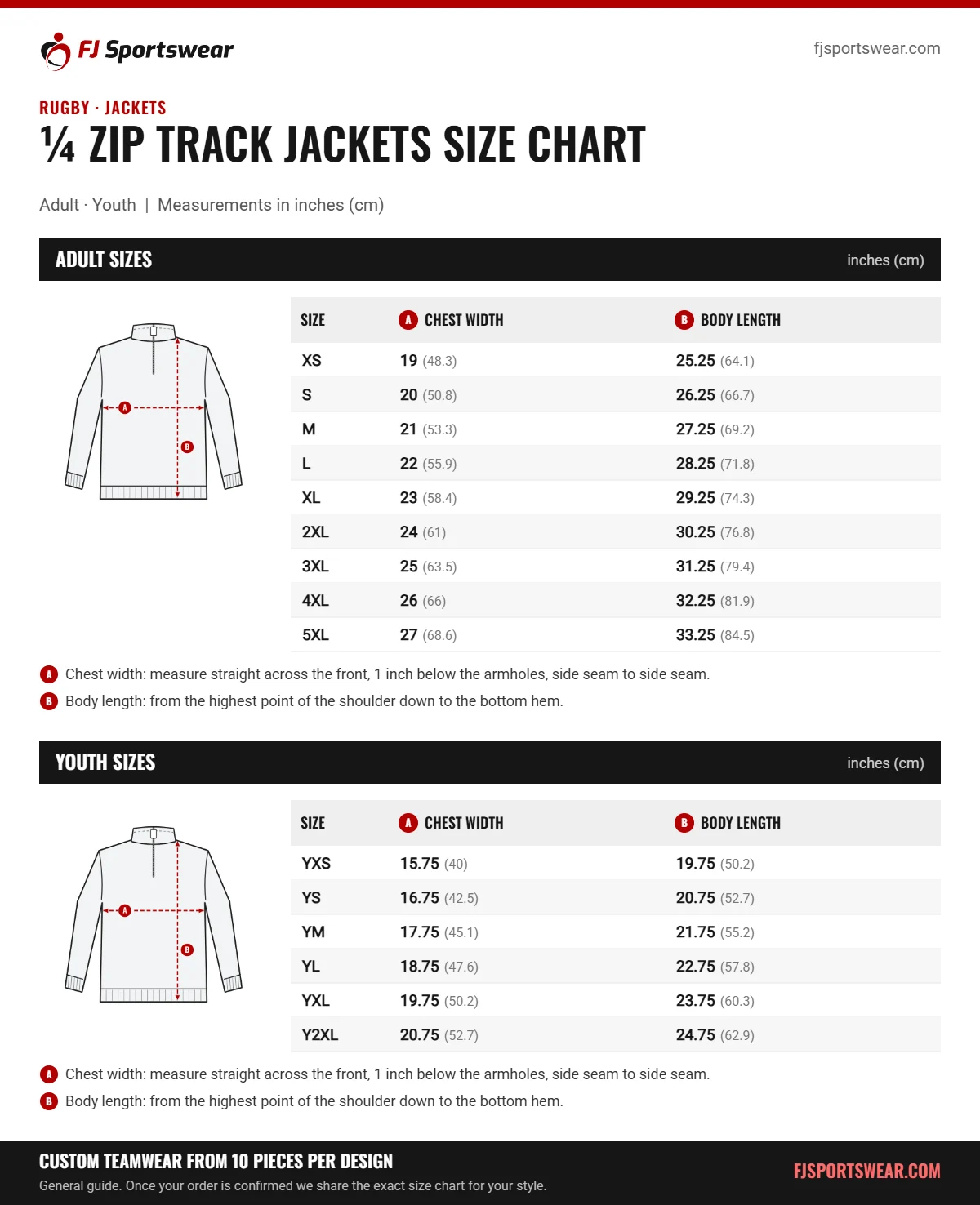 Rugby ¼ Zip Track Jackets Size Chart | FJ Sportswear Rugby ¼ Zip Track Jackets size chart: adult and youth sizes with chest width and body length in inches and cm