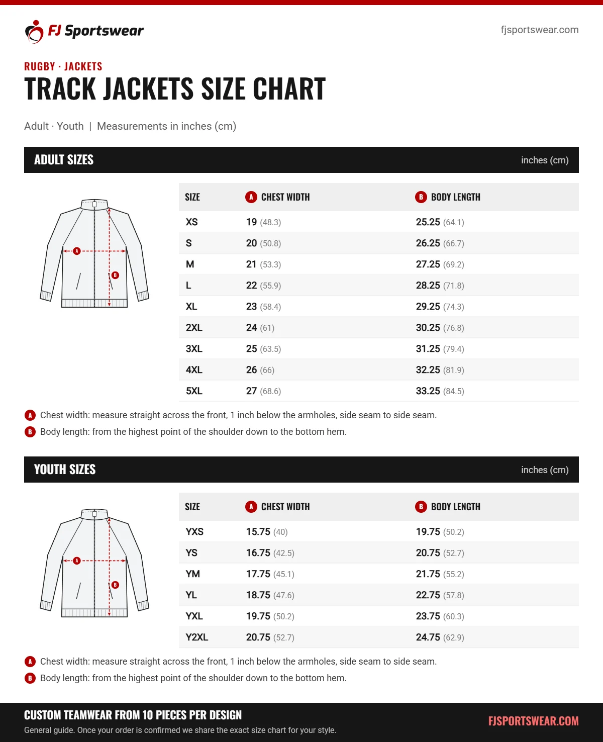 Rugby Track Jackets Size Chart | FJ Sportswear Rugby Track Jackets size chart: adult and youth sizes with chest width and body length in inches and cm