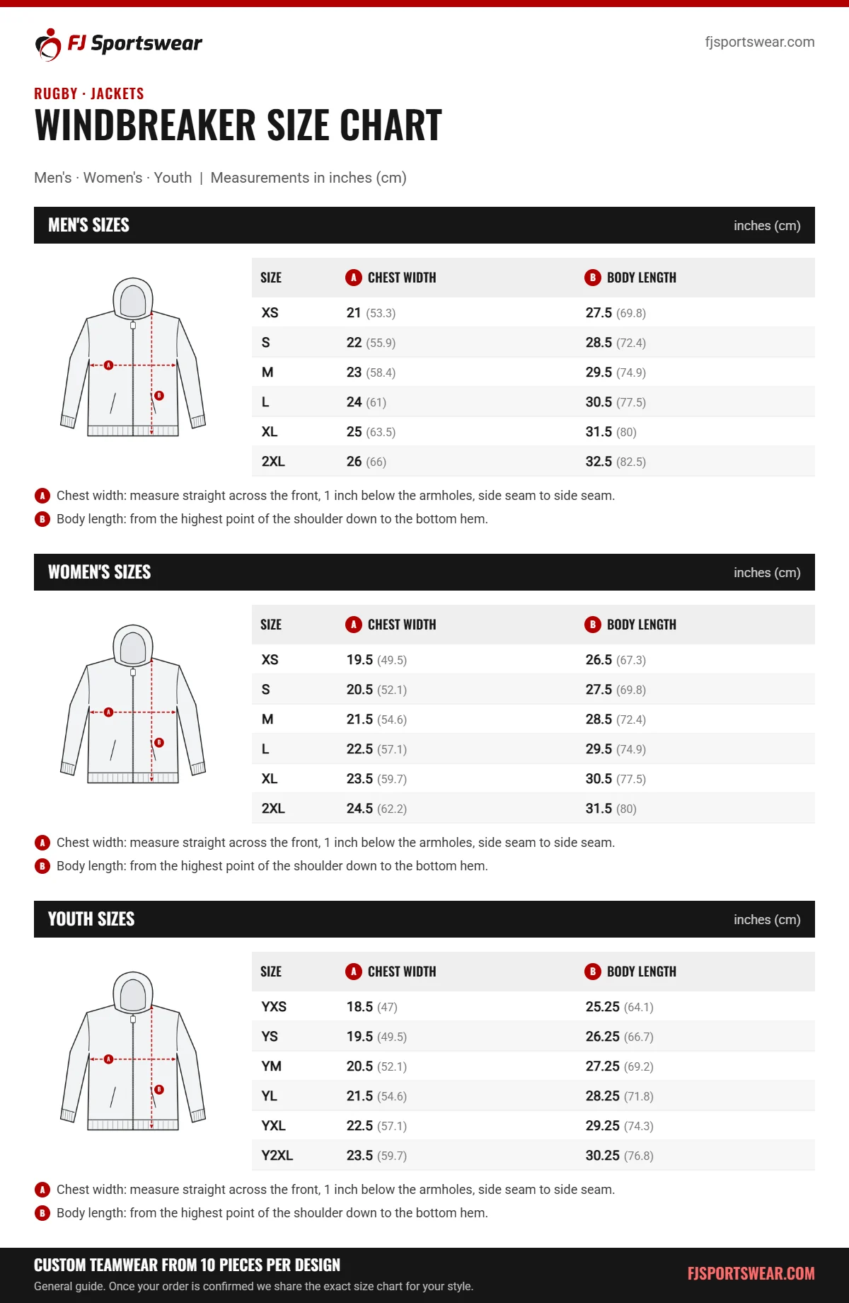 Rugby Windbreaker Size Chart | FJ Sportswear Rugby Windbreaker size chart: men’s, women’s and youth sizes with chest width and body length in inches and cm
