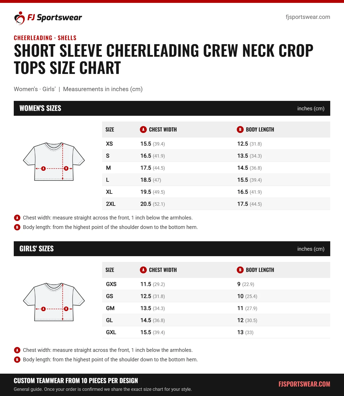 Short Sleeve Cheerleading Crew Neck Crop Tops Size Chart Short Sleeve Cheerleading Crew Neck Crop Tops size chart: women’s and girls’ sizes with chest width and body length in inches and cm