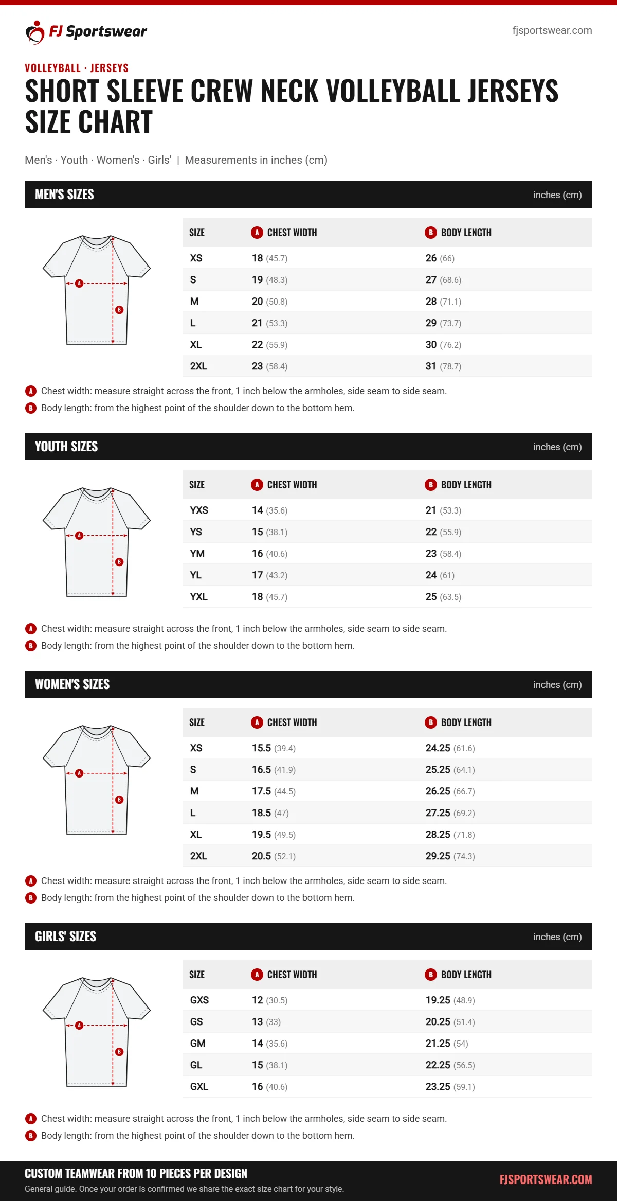 Short Sleeve Crew Neck Volleyball Jerseys size chart: men’s, youth, women’s and girls’ sizes with chest width and body length in inches and cm