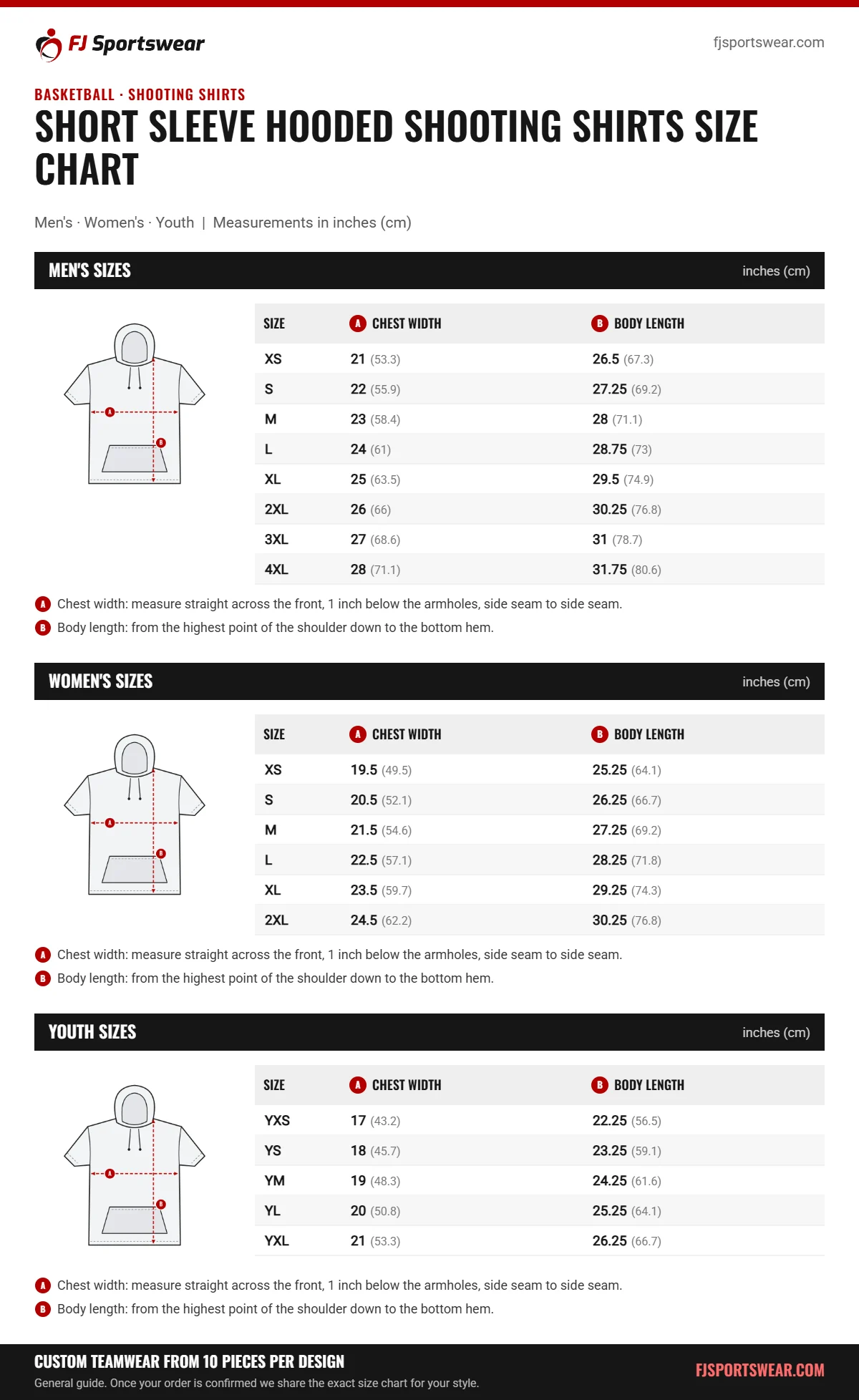 Short Sleeve Hooded Shooting Shirts size chart: men’s, women’s and youth sizes with chest width and body length in inches and cm