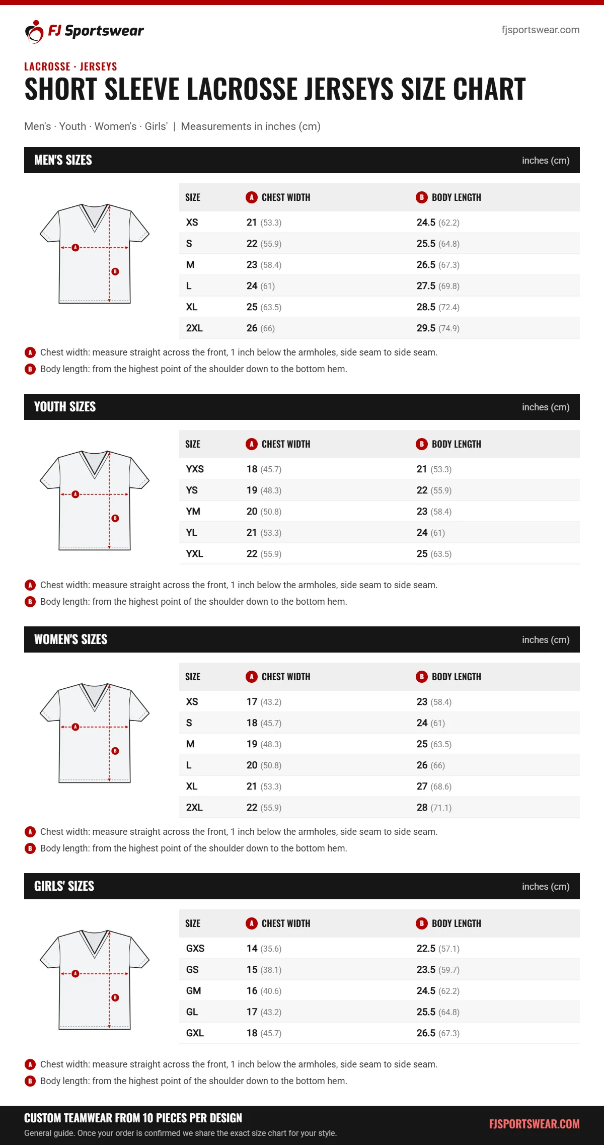 Short Sleeve Lacrosse Jerseys size chart: men’s, youth, women’s and girls’ sizes with chest width and body length in inches and cm