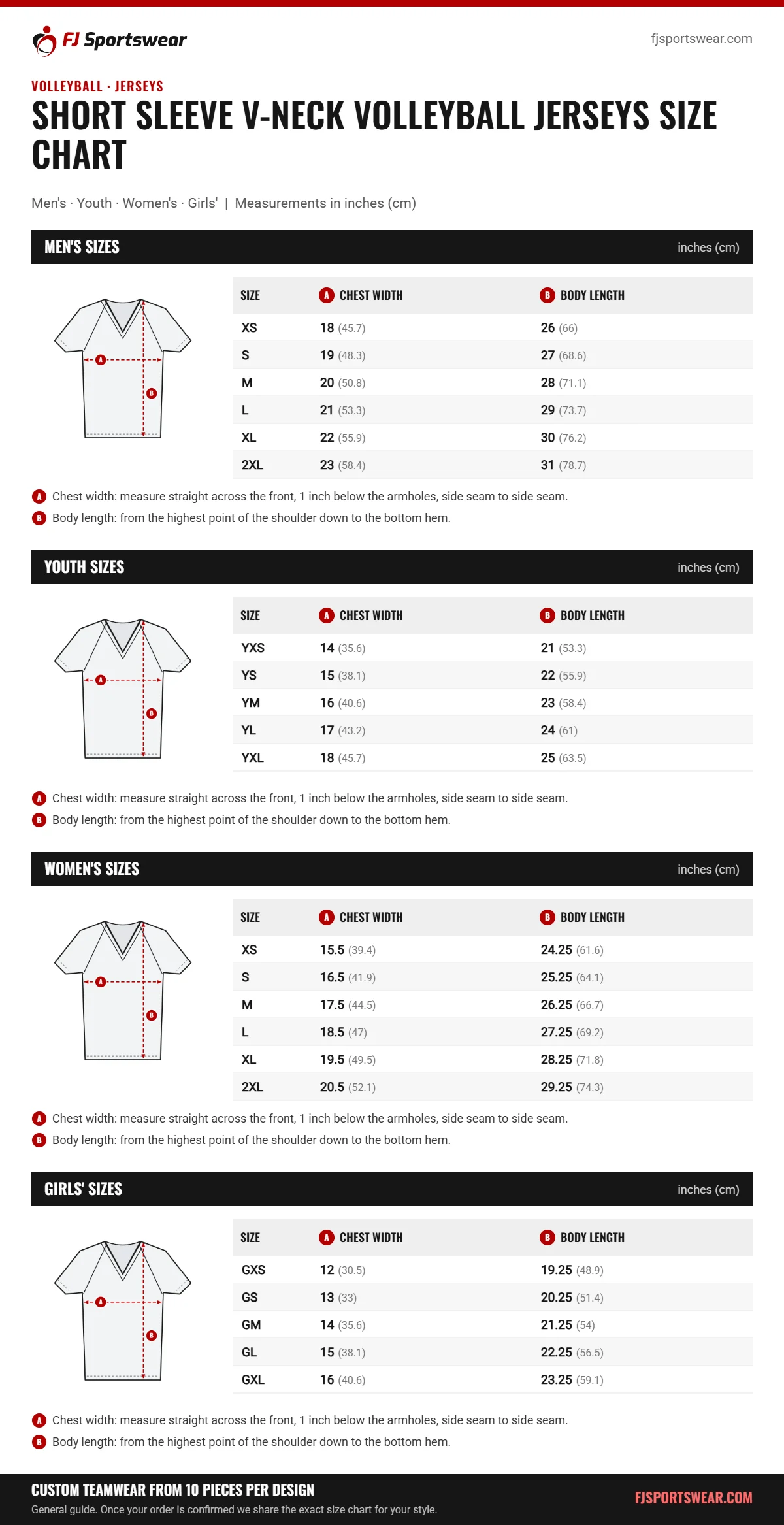 Short Sleeve V-Neck Volleyball Jerseys size chart: men’s, youth, women’s and girls’ sizes with chest width and body length in inches and cm