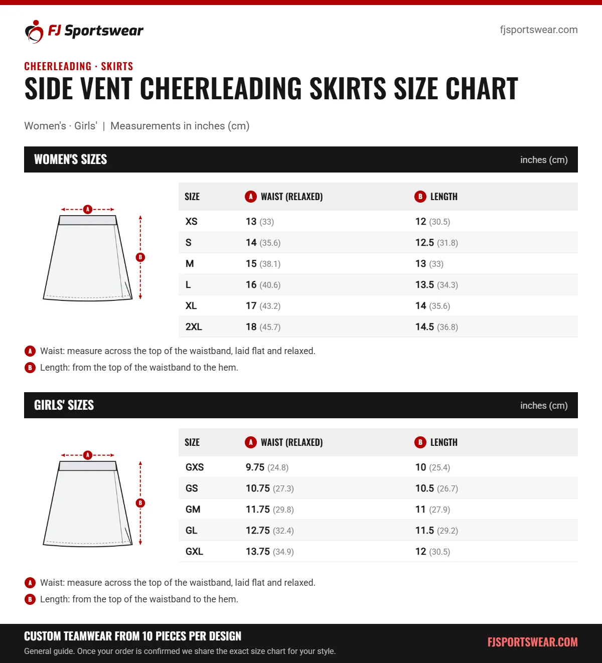 Side Vent Cheerleading Skirts Size Chart Side Vent Cheerleading Skirts size chart: women’s and girls’ sizes with waist (relaxed) and length in inches and cm