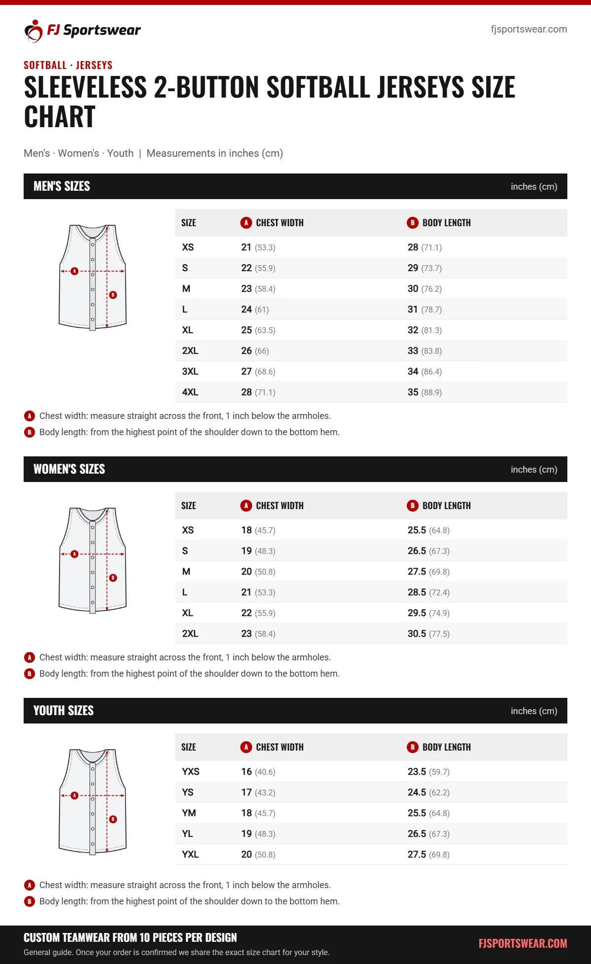Sleeveless 2-Button Softball Jerseys size chart: men’s, women’s and youth sizes with chest width and body length in inches and cm