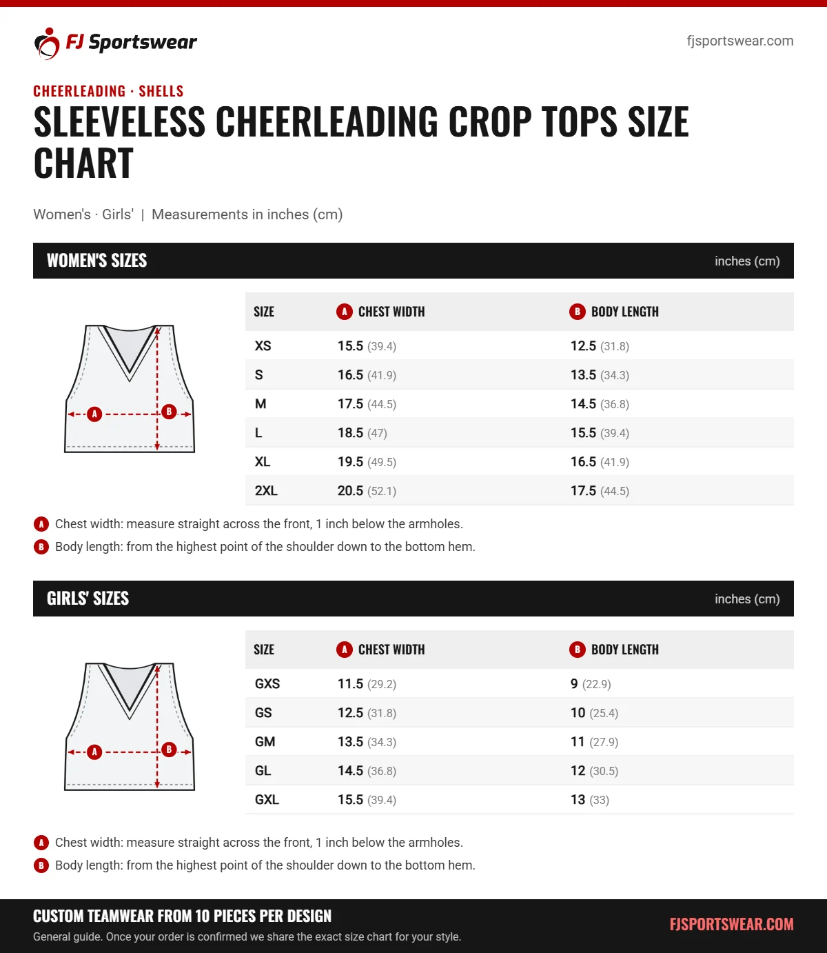 Sleeveless Cheerleading Crop Tops Size Chart Sleeveless Cheerleading Crop Tops size chart: women’s and girls’ sizes with chest width and body length in inches and cm