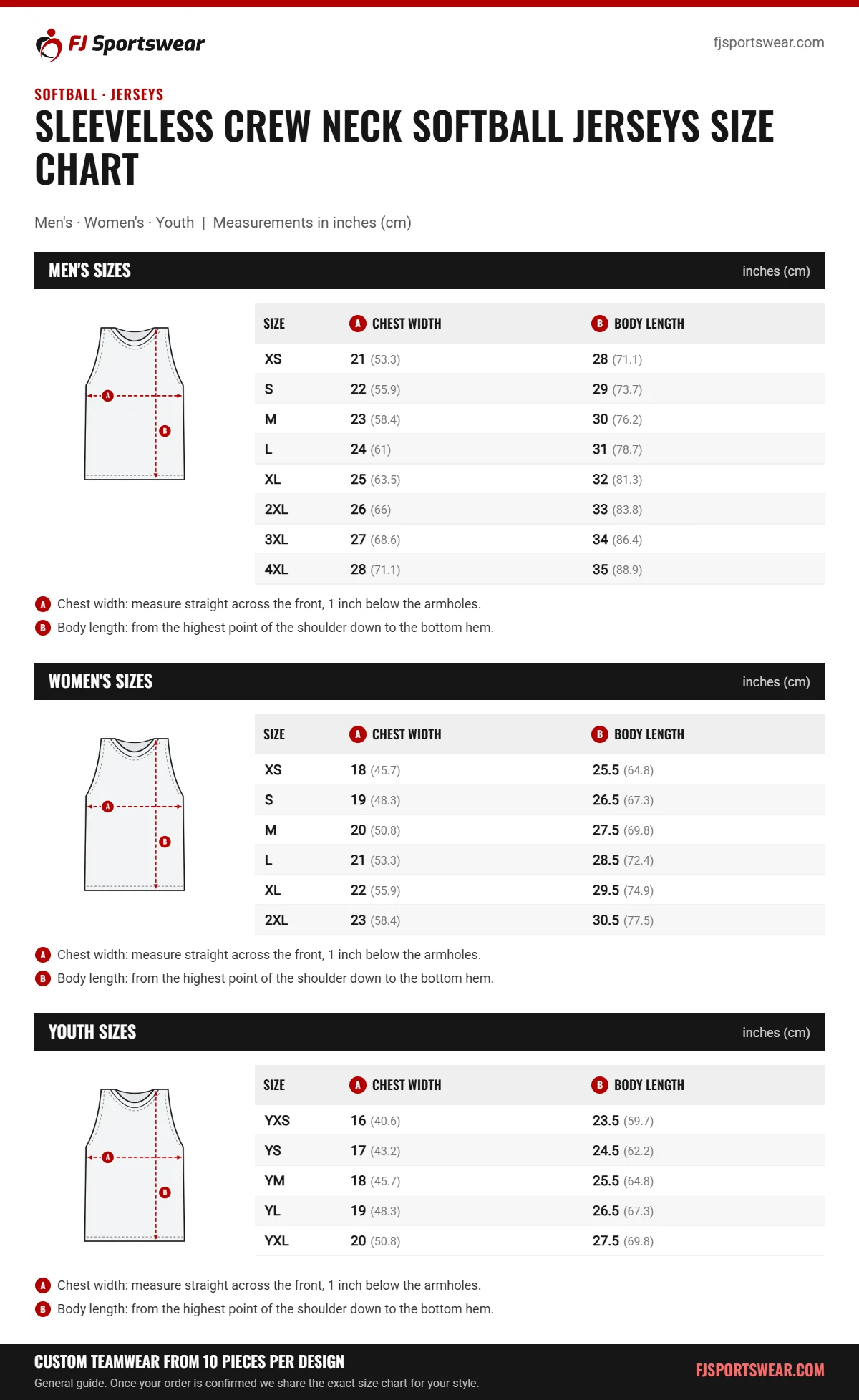 Sleeveless Crew Neck Softball Jerseys size chart: men’s, women’s and youth sizes with chest width and body length in inches and cm