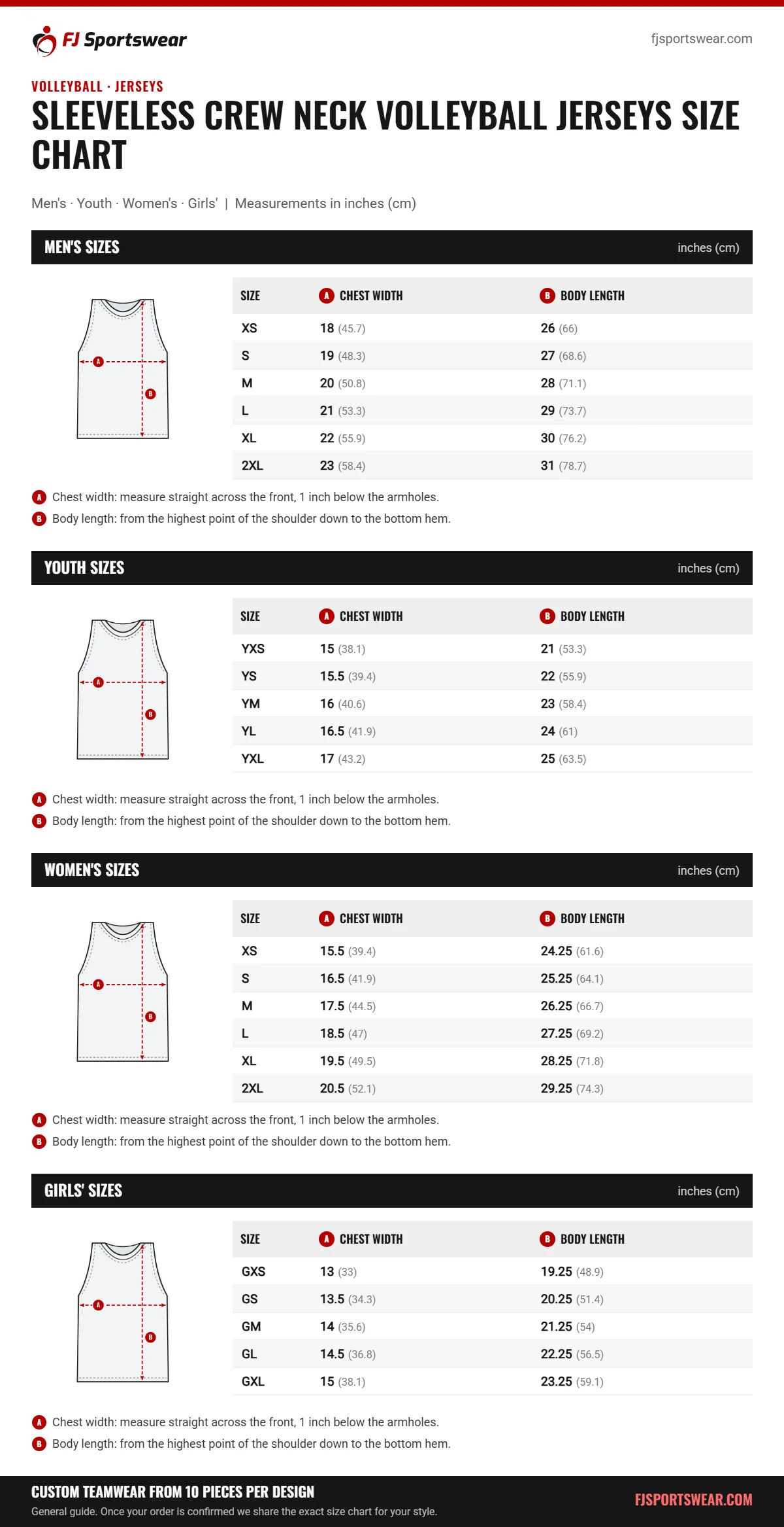 Sleeveless Crew Neck Volleyball Jerseys Size Chart Sleeveless Crew Neck Volleyball Jerseys size chart: men’s, youth, women’s and girls’ sizes with chest width and body length in inches and cm