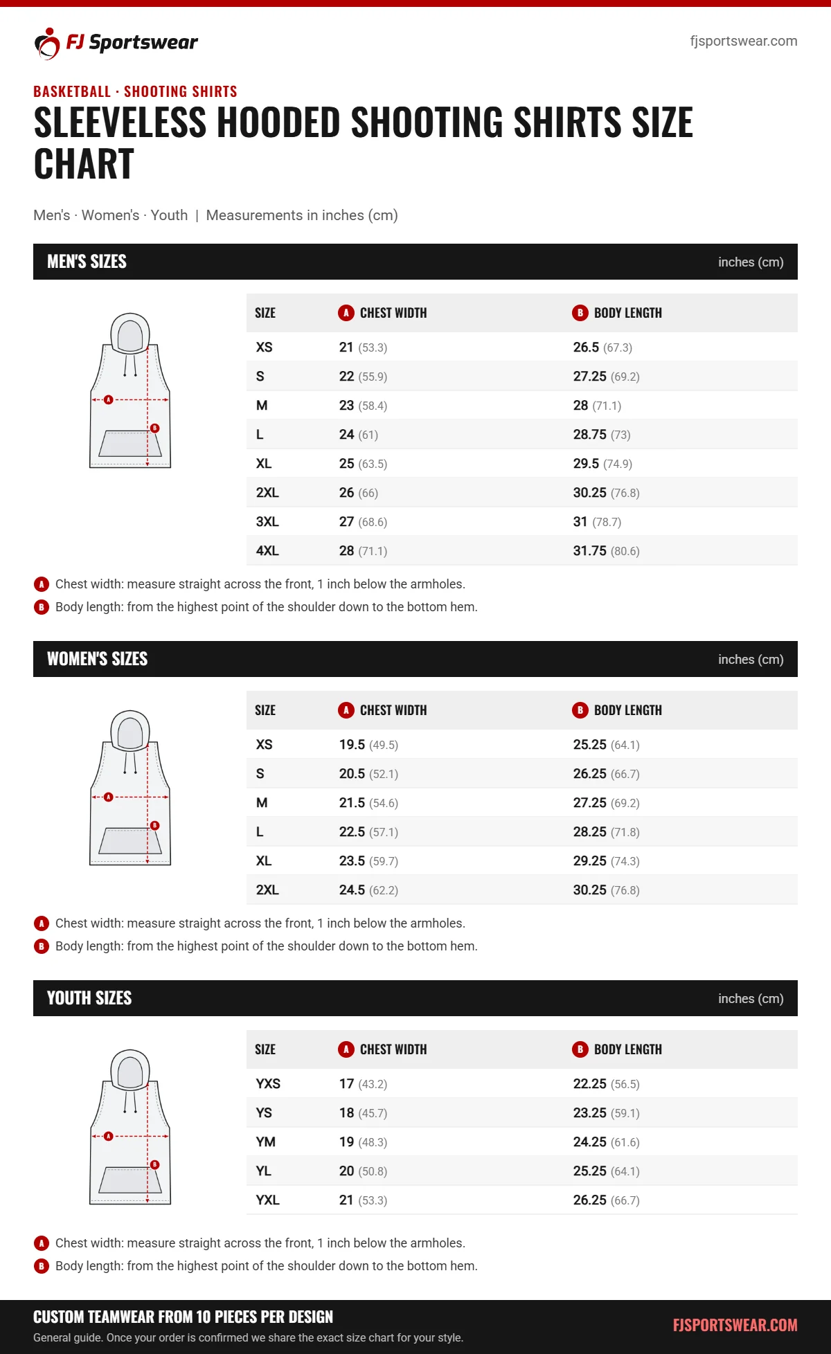 Sleeveless Hooded Shooting Shirts size chart: men’s, women’s and youth sizes with chest width and body length in inches and cm