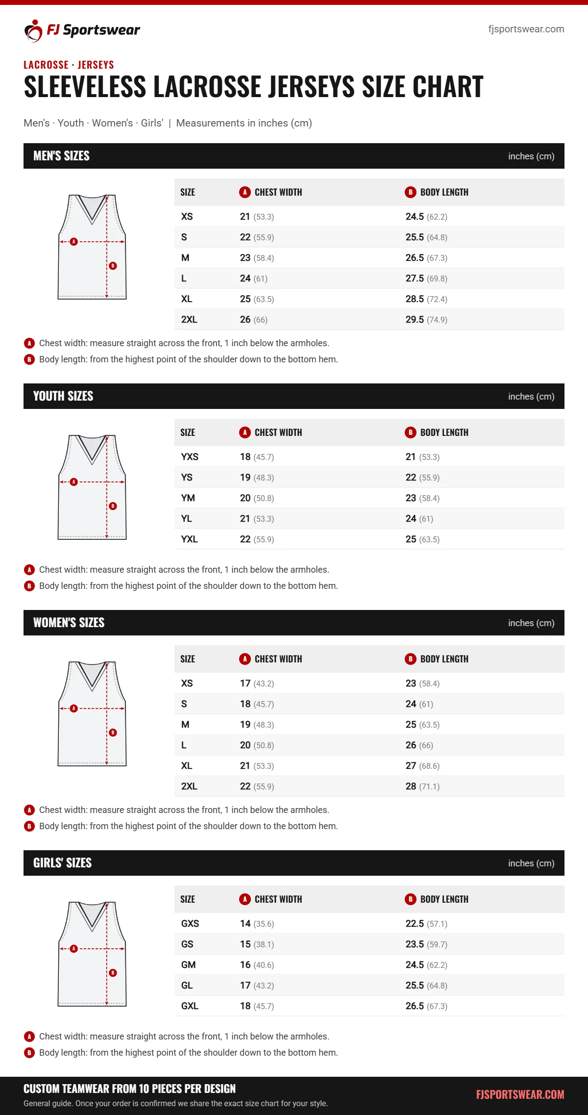 Sleeveless Lacrosse Jerseys size chart: men’s, youth, women’s and girls’ sizes with chest width and body length in inches and cm