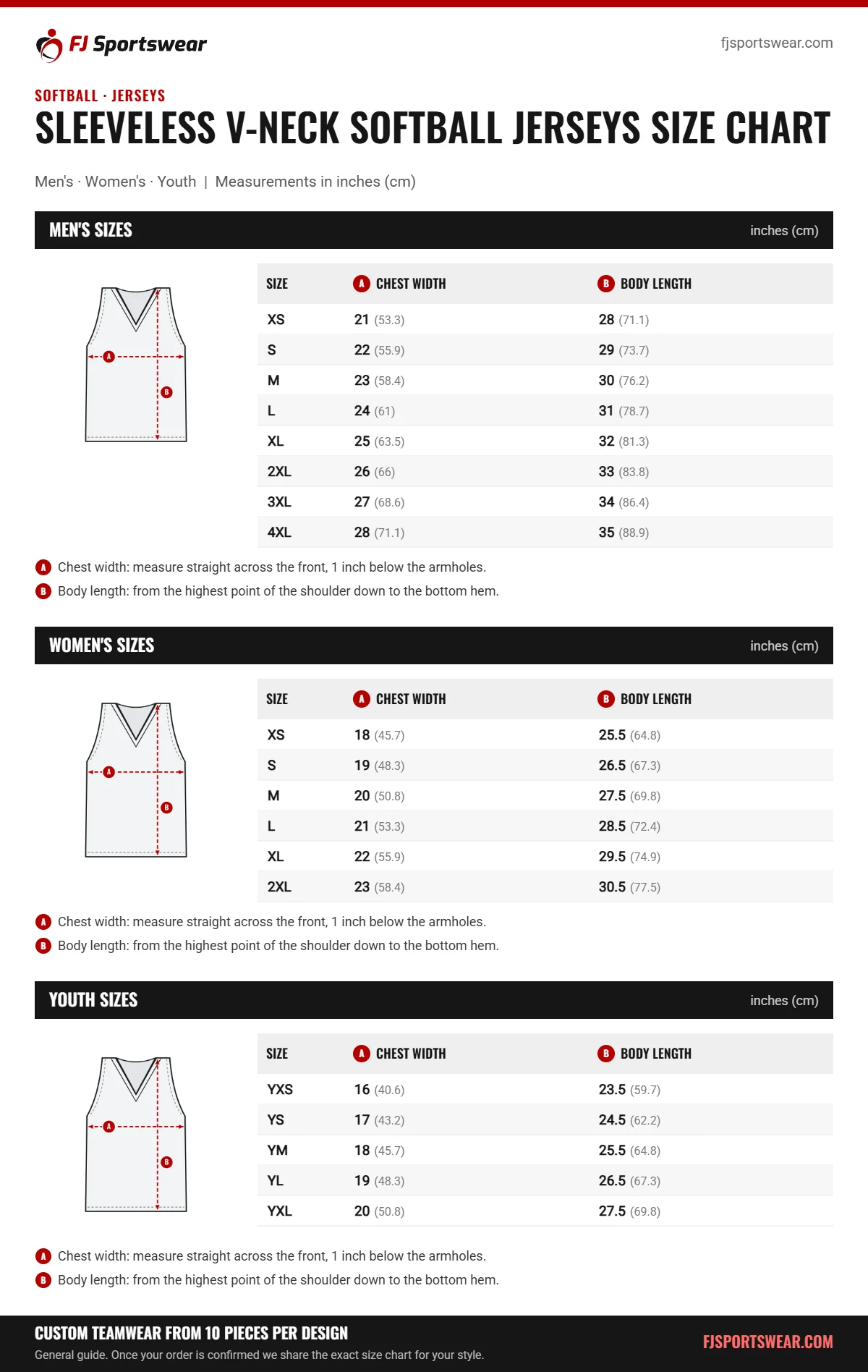 Sleeveless V-Neck Softball Jerseys Size Chart Sleeveless V-Neck Softball Jerseys size chart: men’s, women’s and youth sizes with chest width and body length in inches and cm