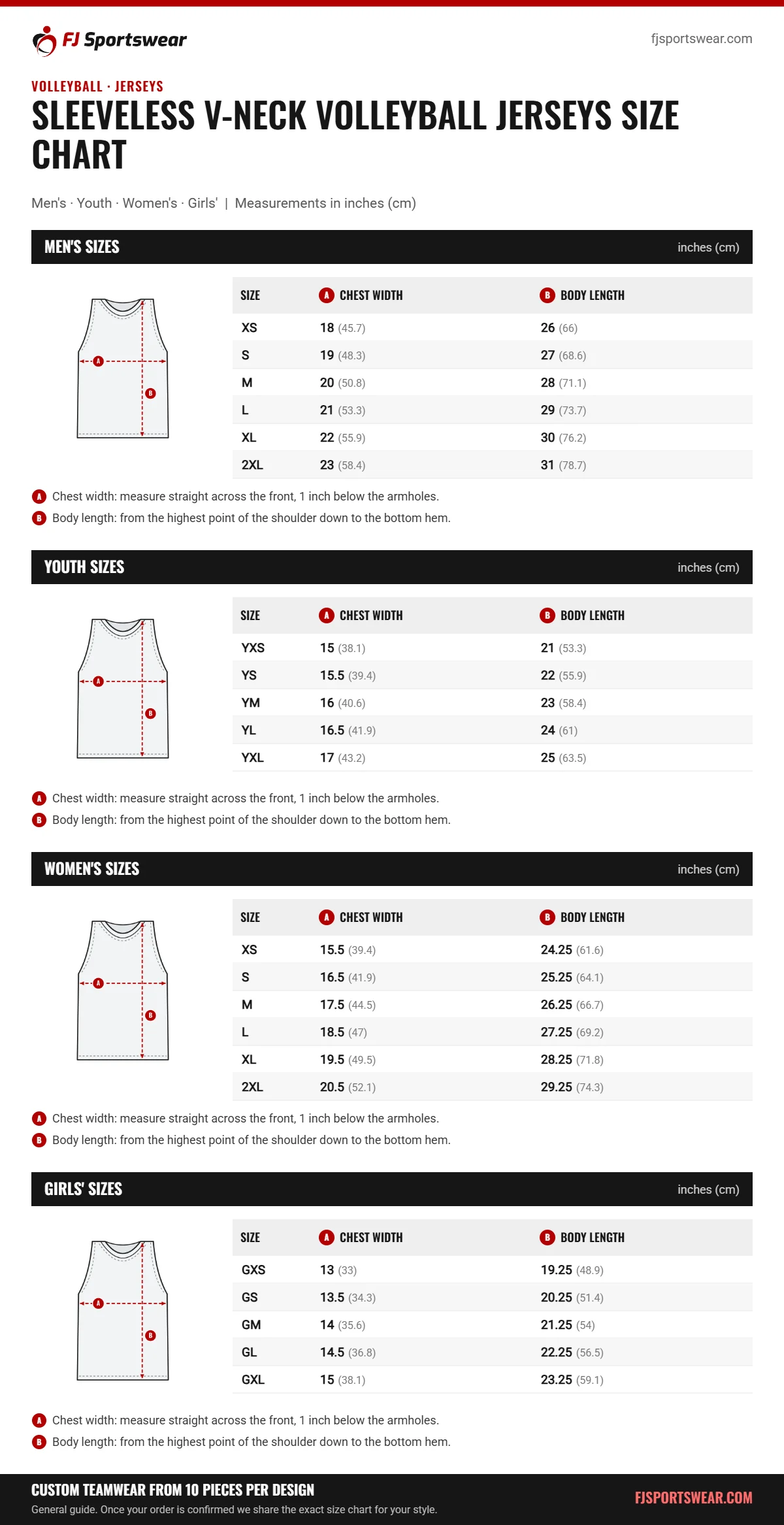 Sleeveless V-Neck Volleyball Jerseys Size Chart Sleeveless V-Neck Volleyball Jerseys size chart: men’s, youth, women’s and girls’ sizes with chest width and body length in inches and cm
