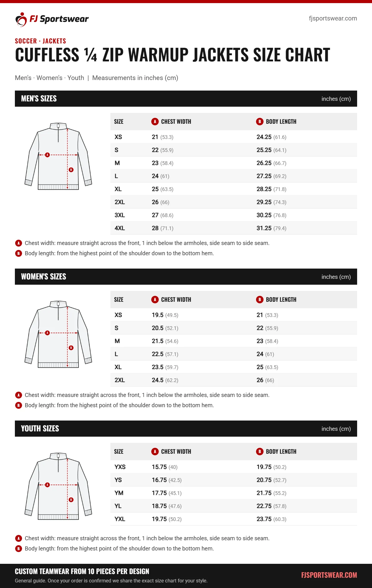 Soccer Cuffless ¼ Zip Warmup Jackets size chart: men’s, women’s and youth sizes with chest width and body length in inches and cm