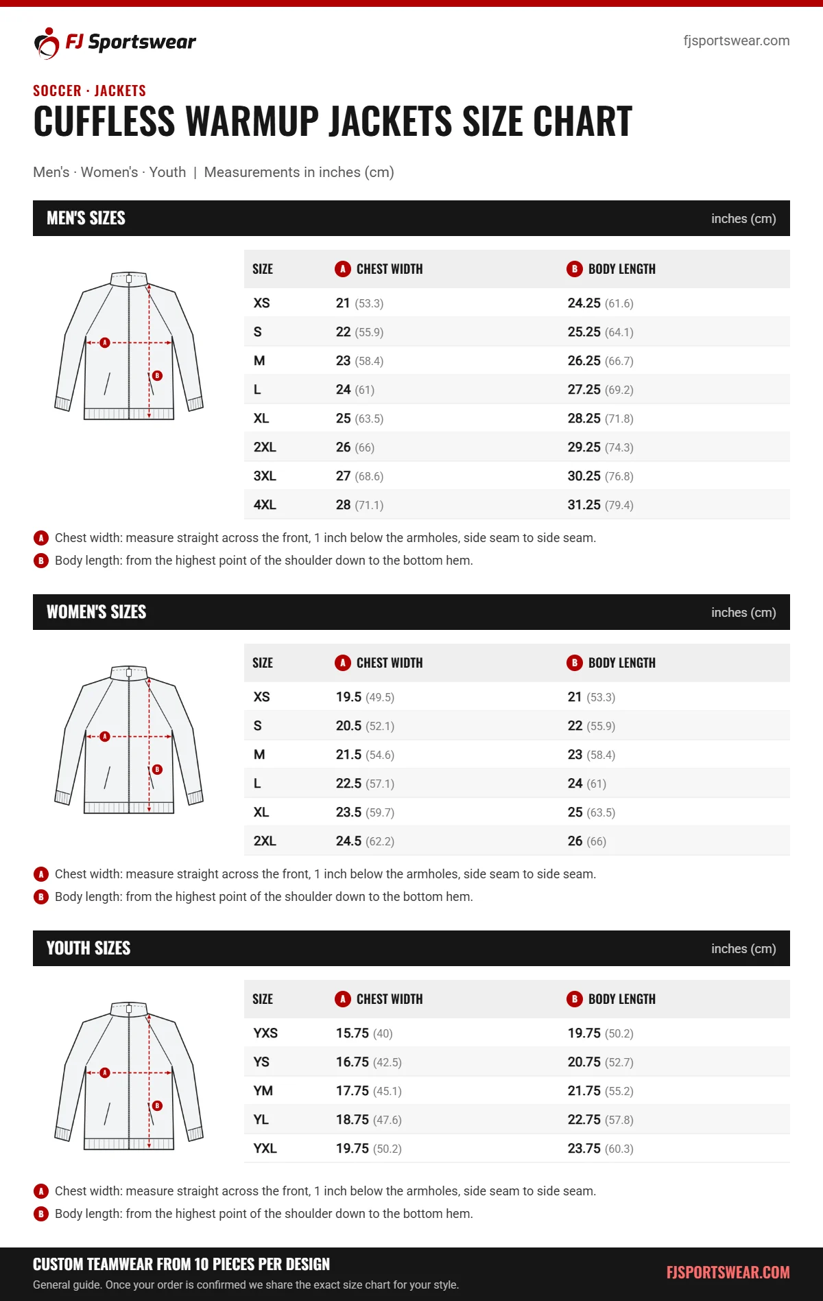 Soccer Cuffless Warmup Jackets size chart: men’s, women’s and youth sizes with chest width and body length in inches and cm