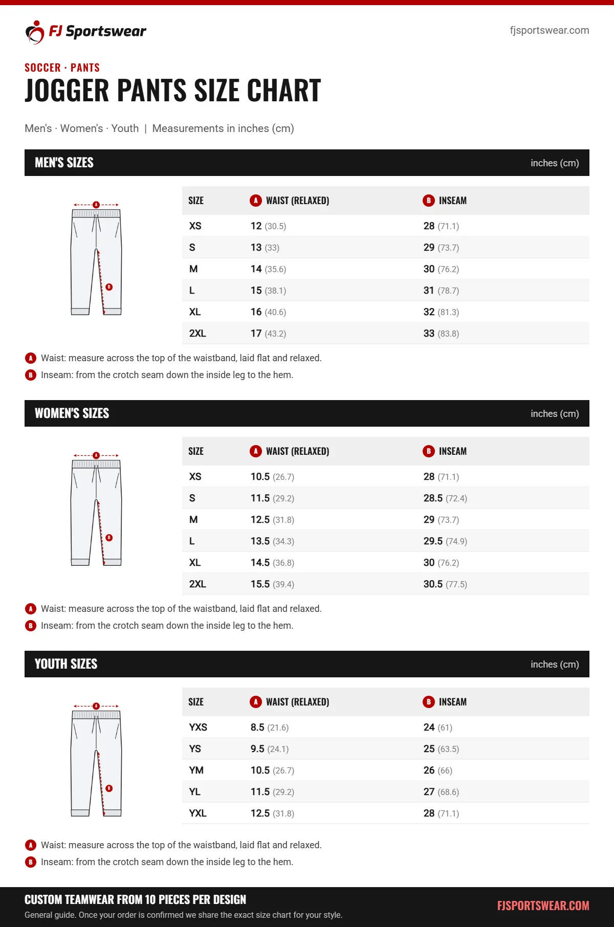 Soccer Jogger Pants size chart: men’s, women’s and youth sizes with waist (relaxed) and inseam in inches and cm