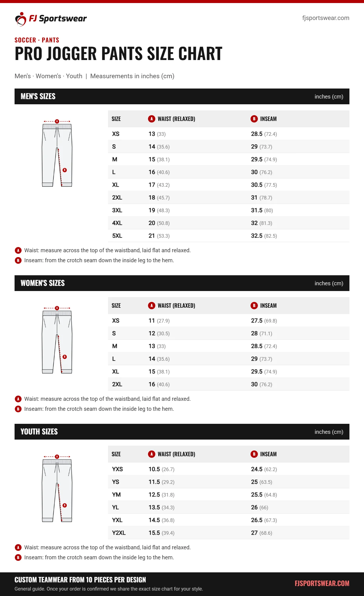 Soccer Pro Jogger Pants size chart: men’s, women’s and youth sizes with waist (relaxed) and inseam in inches and cm