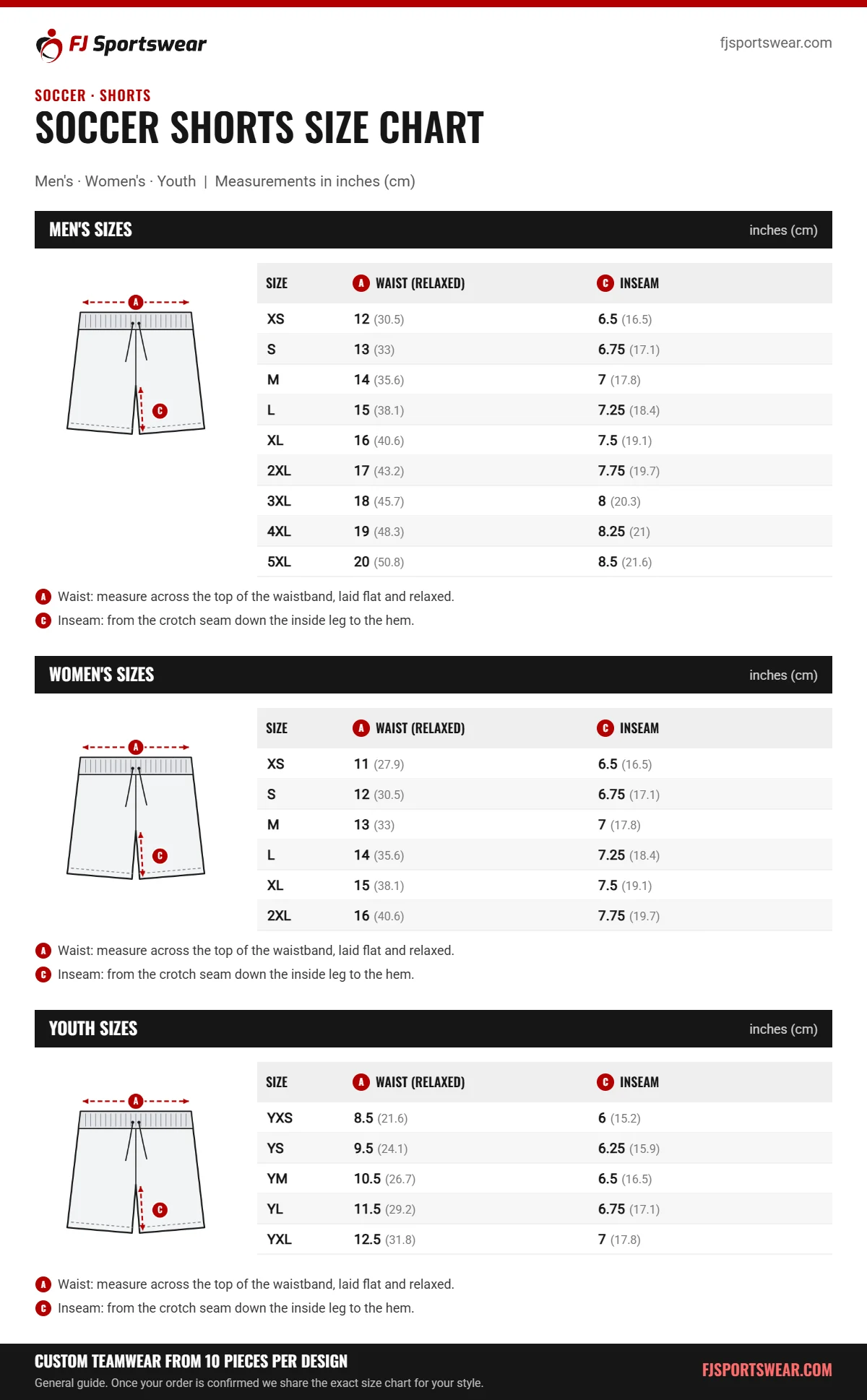 Soccer Shorts size chart: men’s, women’s and youth sizes with waist (relaxed) and inseam in inches and cm