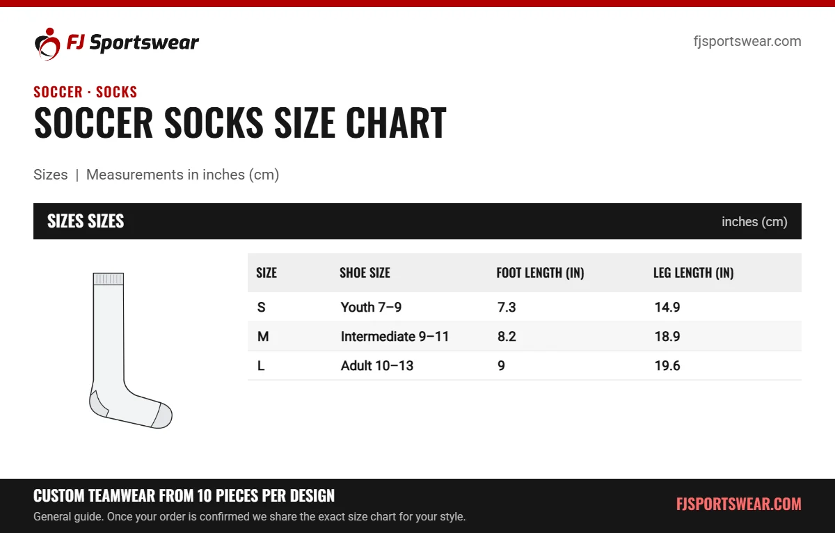 Soccer Socks size chart: sizes sizes with shoe size, foot length (in) and leg length (in) in inches and cm
