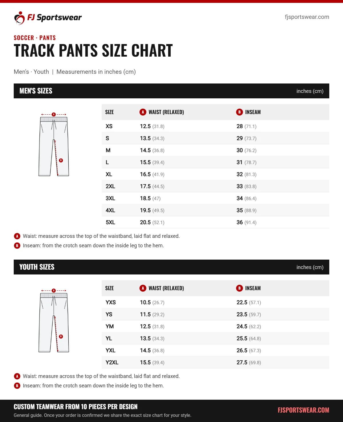 Soccer Track Pants size chart: men’s and youth sizes with waist (relaxed) and inseam in inches and cm