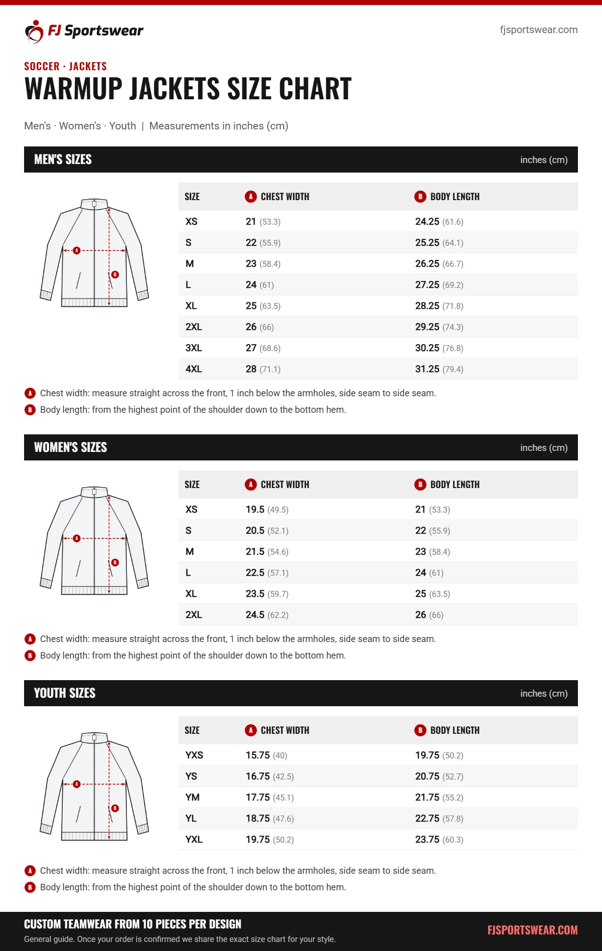 Soccer Warmup Jackets size chart: men’s, women’s and youth sizes with chest width and body length in inches and cm
