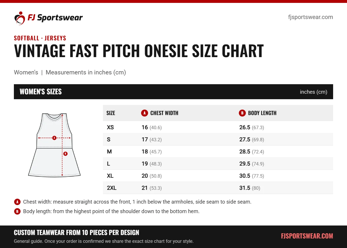 Vintage Fast Pitch Onesie Size Chart Vintage Fast Pitch Onesie size chart: women’s sizes with chest width and body length in inches and cm