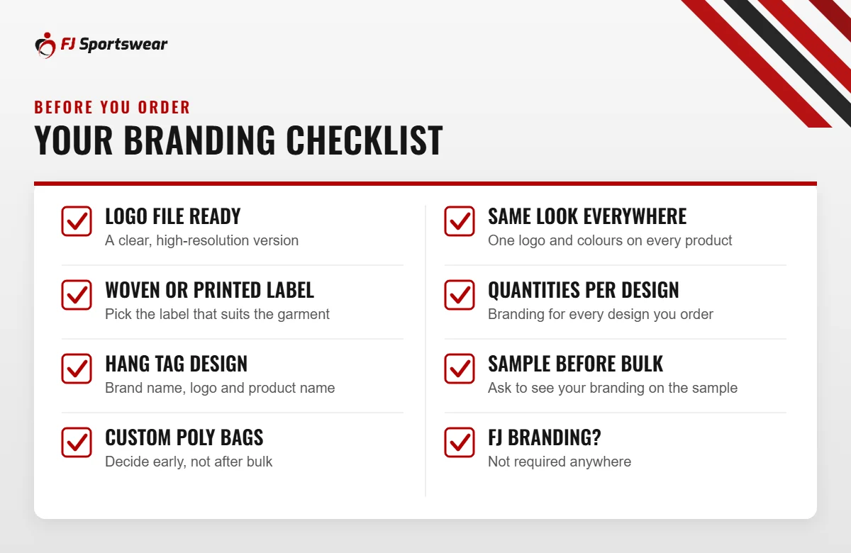 Sportswear branding checklist: logo file, woven or printed label, hang tag design, custom poly bags, consistent look, quantities per design, sample before bulk, no FJ branding required