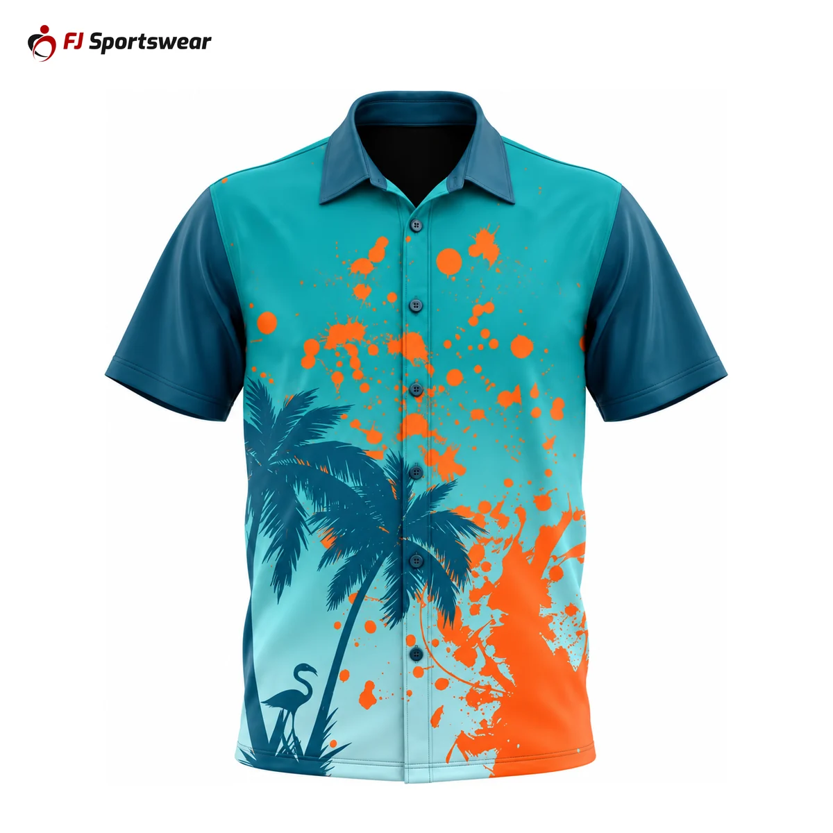 Teal palm print full-button bowling shirt – custom made by FJ Sportswear in Sialkot